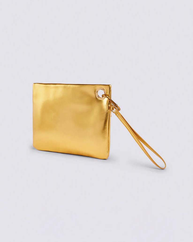 Pochette Sundek color oro effetto metallizzato Sundek con patch logo in gomma e laccetto