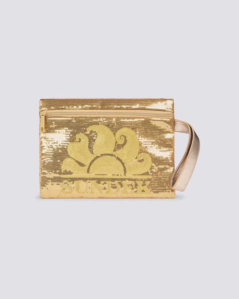 Pochette in paillettes oro Sundek con logo a contrasto e laccetto per il polso in similpelle