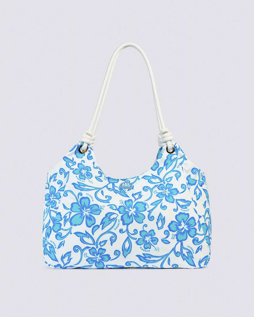 Borsa mare bianca Sundek a fantasia fiori ibisco azzurri con tracolla a corda