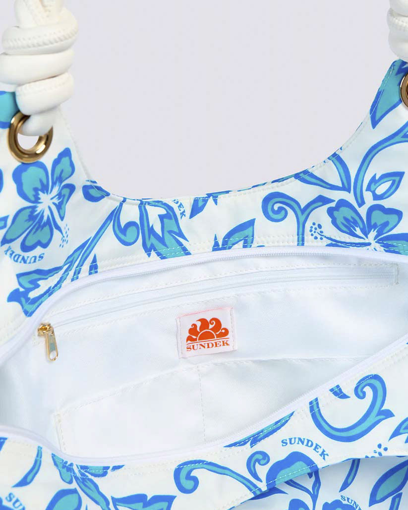 Borsa mare bianca Sundek a fantasia fiori ibisco azzurri con tracolla a corda