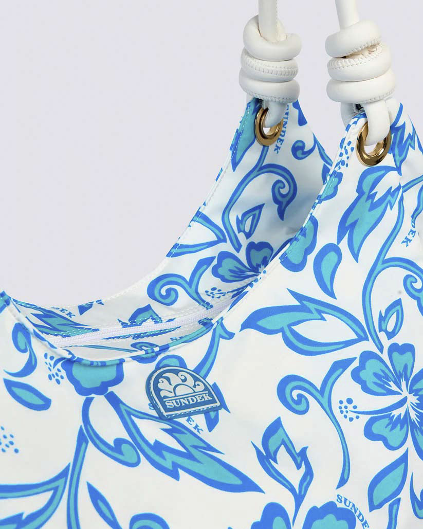 Borsa mare bianca Sundek a fantasia fiori ibisco azzurri con tracolla a corda
