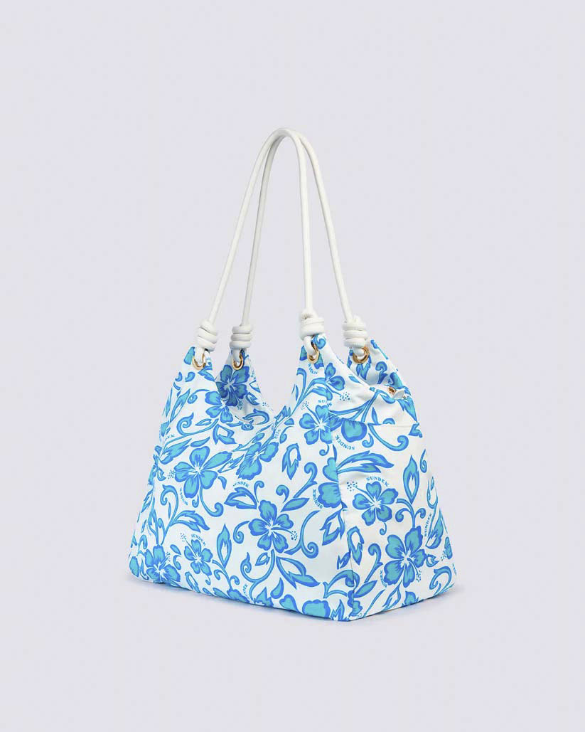 Borsa mare bianca Sundek a fantasia fiori ibisco azzurri con tracolla a corda