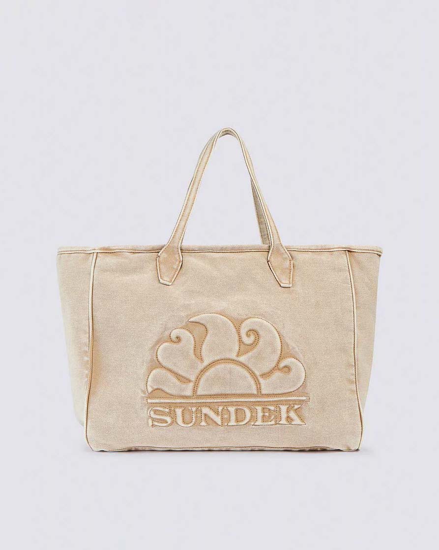 Tote bag beige Sundek in denim con logo a rilievo