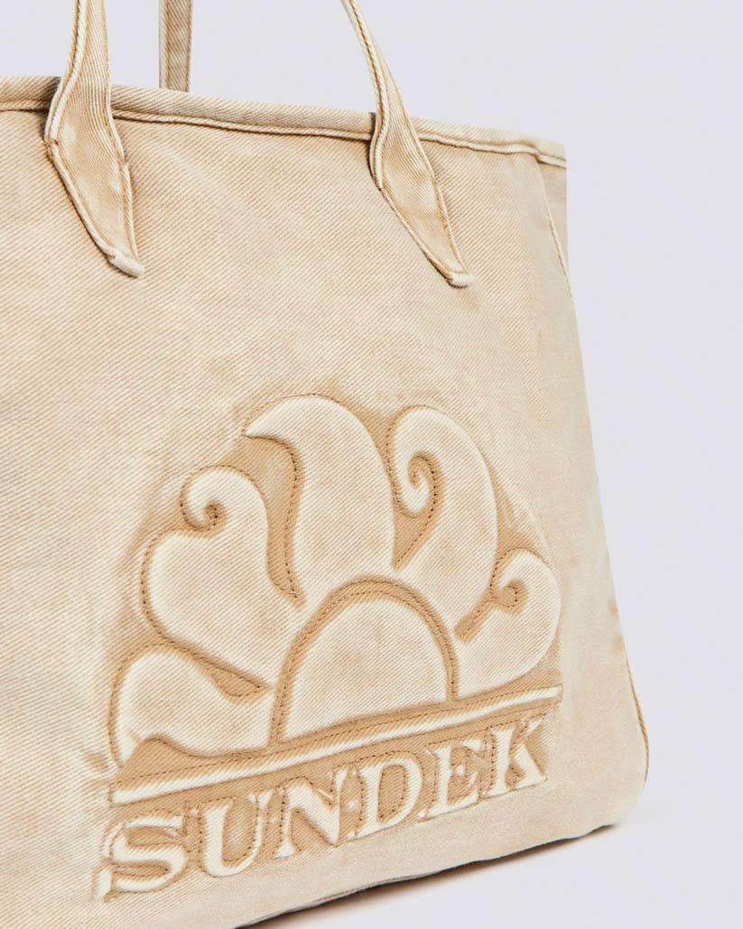 Tote bag beige Sundek in denim con logo a rilievo