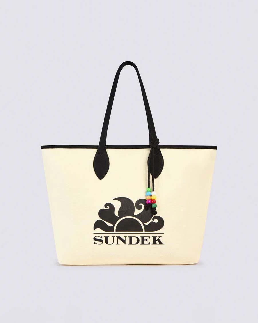Shopping bag beige Sundek in cotone canvass con scritta logo e profili neri e decorazione in perline color arcobaleno
