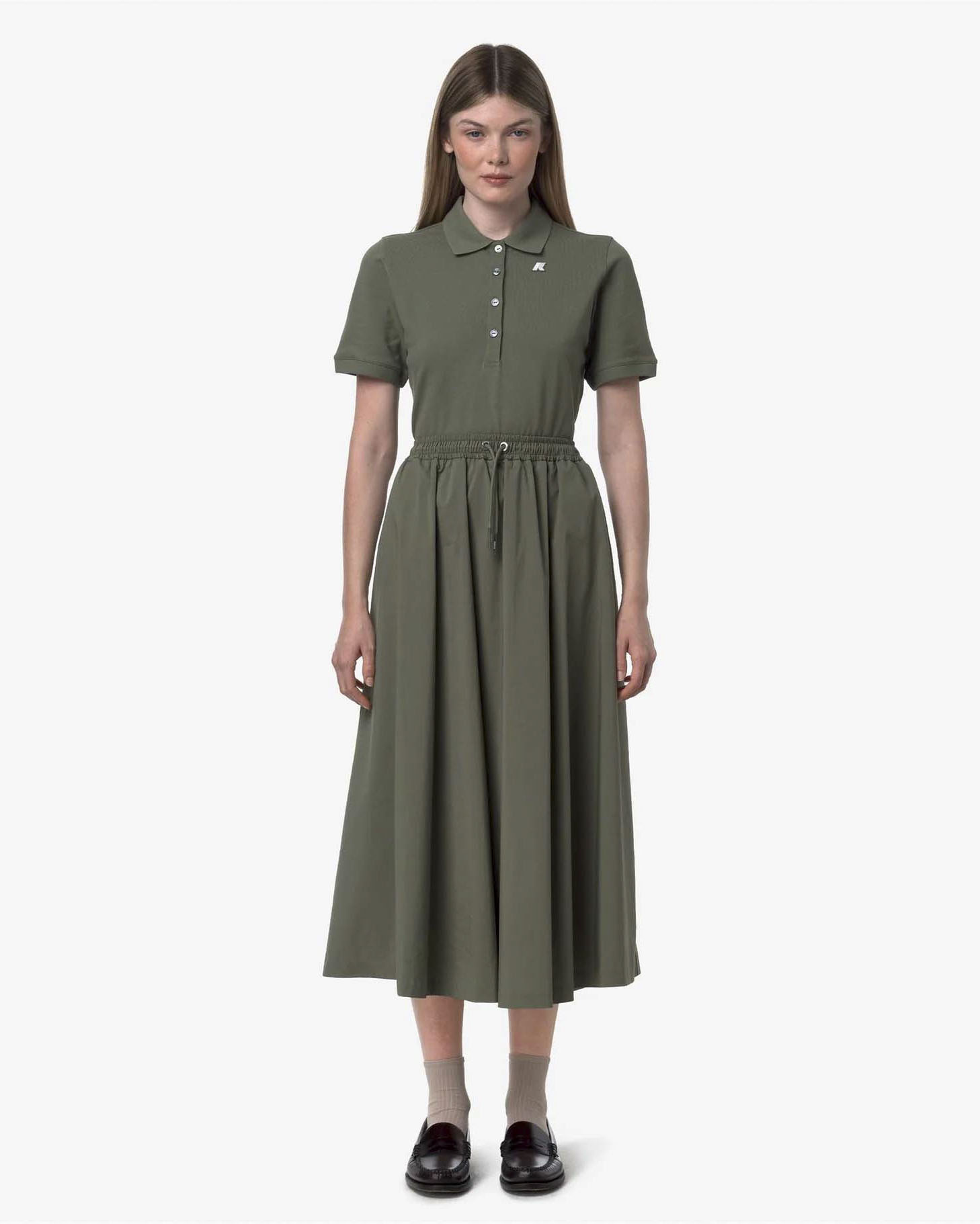 Gonna midi verde militare in popeline di cotone stretch con elastico e coulisse inserita in vita