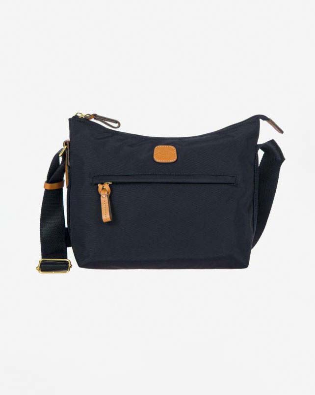 Borsa a tracolla blu in nylon misura piccola in tessuto regolabile e dettagli in pelle color cuoio