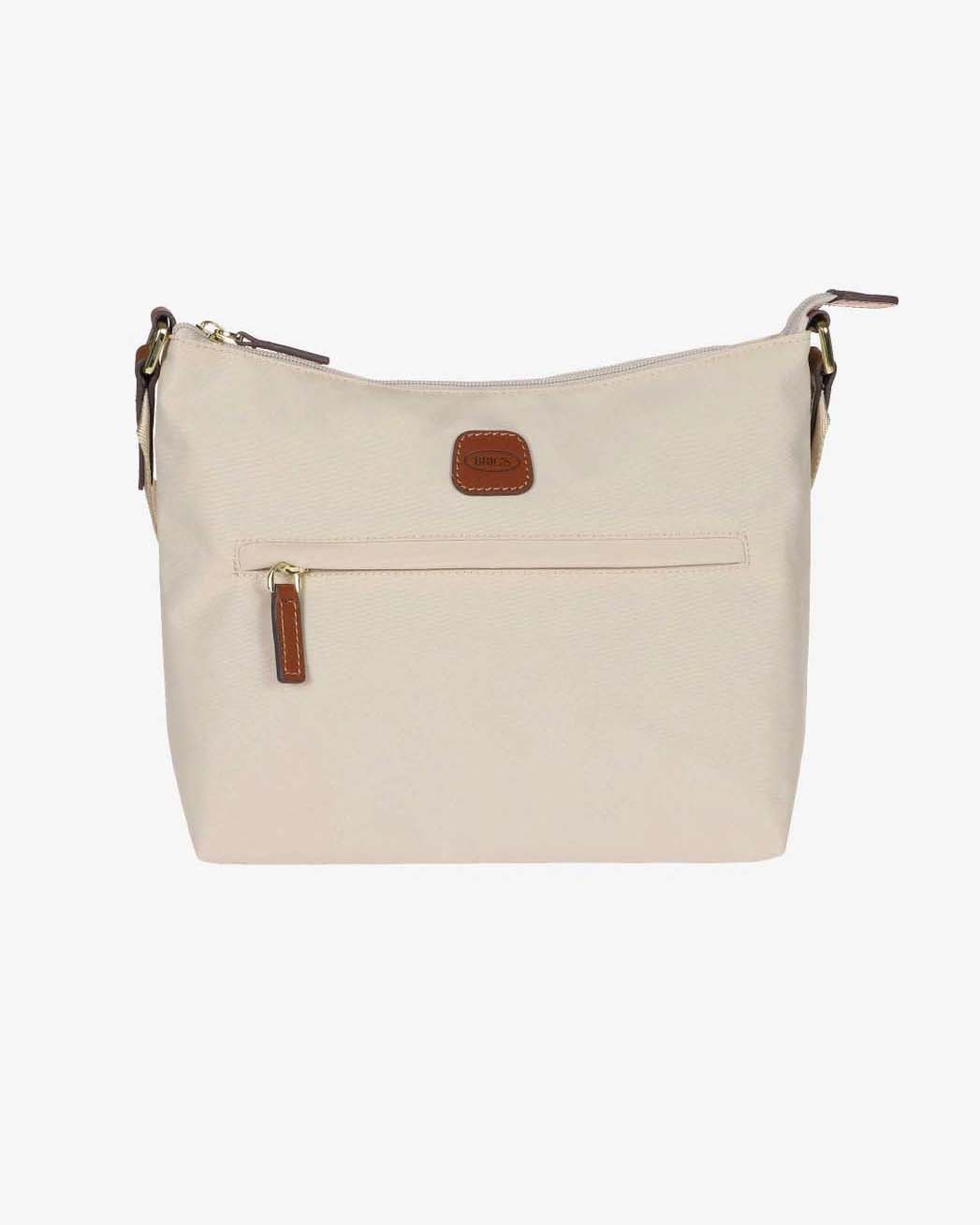 Borsa a tracolla beige Bric's in nylon con tracolla in tessuto regolabile e dettagli in pelle color cuoio