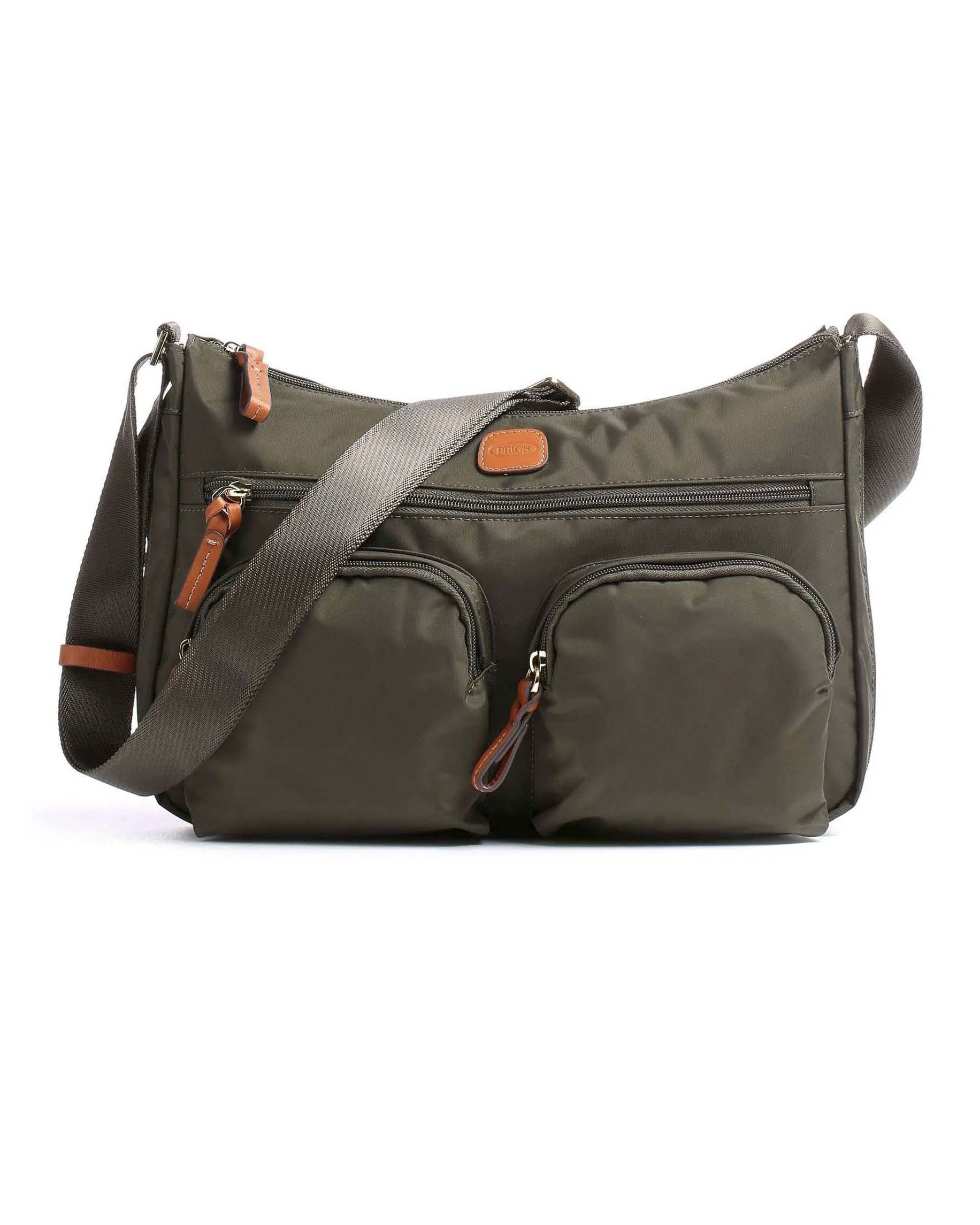 Borsa messenger verde oliva in nylon con tasconi frontali con cerniera