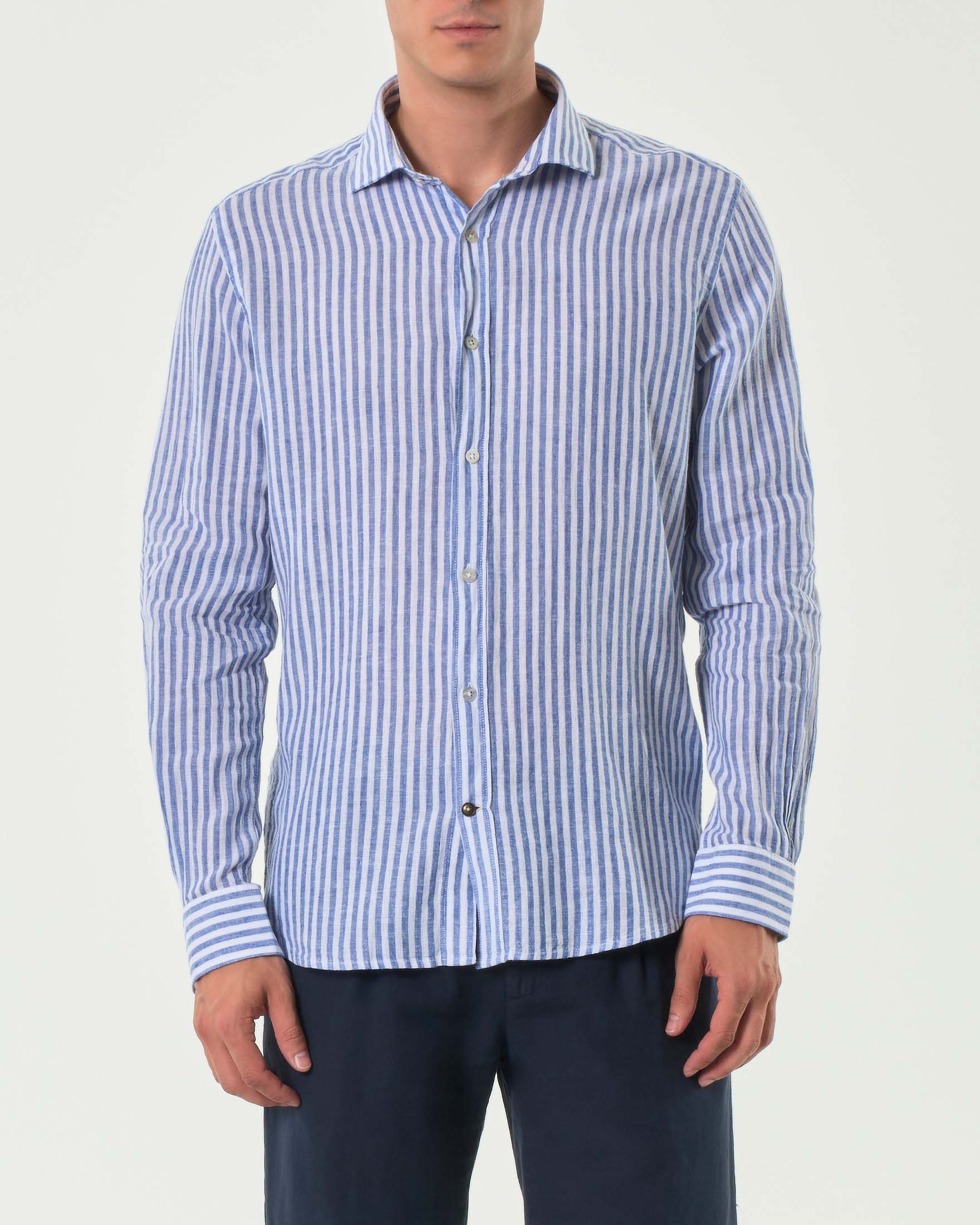 Camicia bastoncino bianco e blu in misto lino e cotone con colletto alla francese