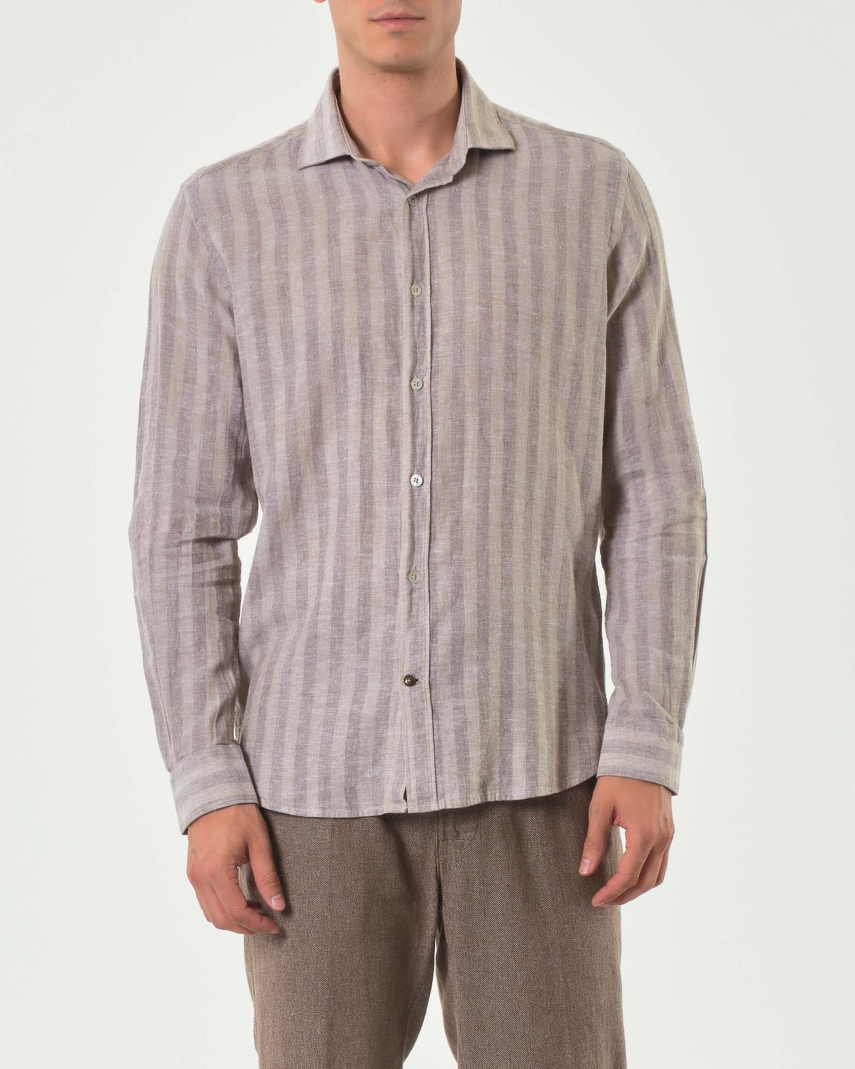 Camicia bastoncino noce e marrone in misto lino e cotone con colletto alla francese