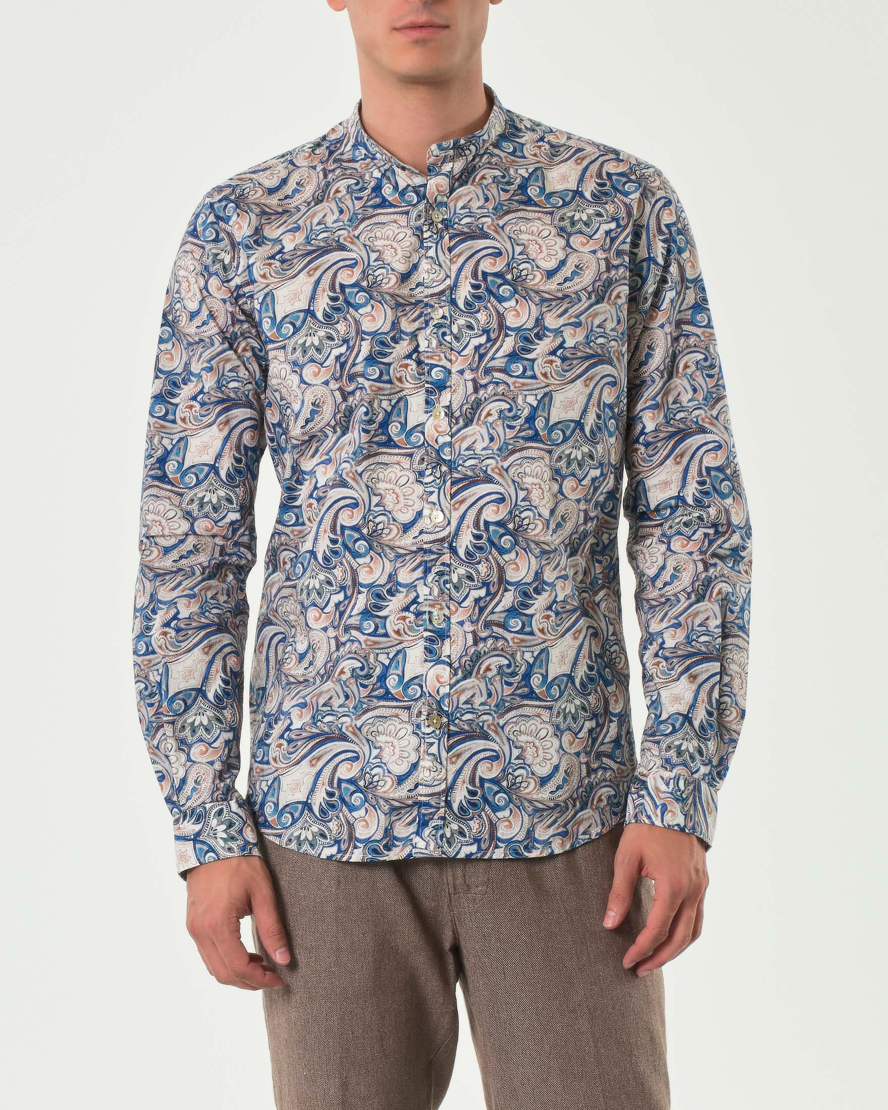 Camicia coreana in fantasia paisley beige e blu in mussola di cotone