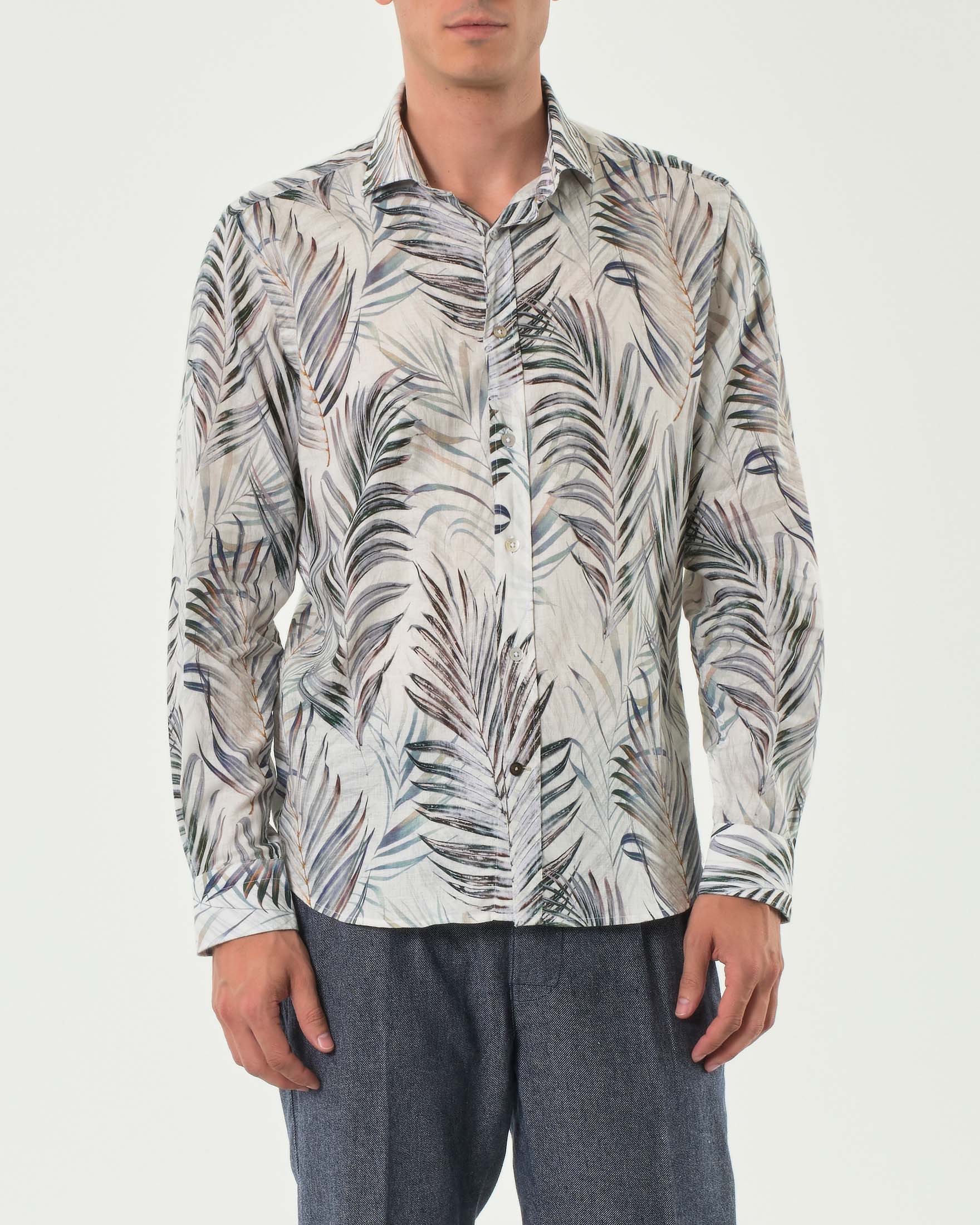 Camicia panna con fantasia felci in misto lino e cotone con colletto alla francese