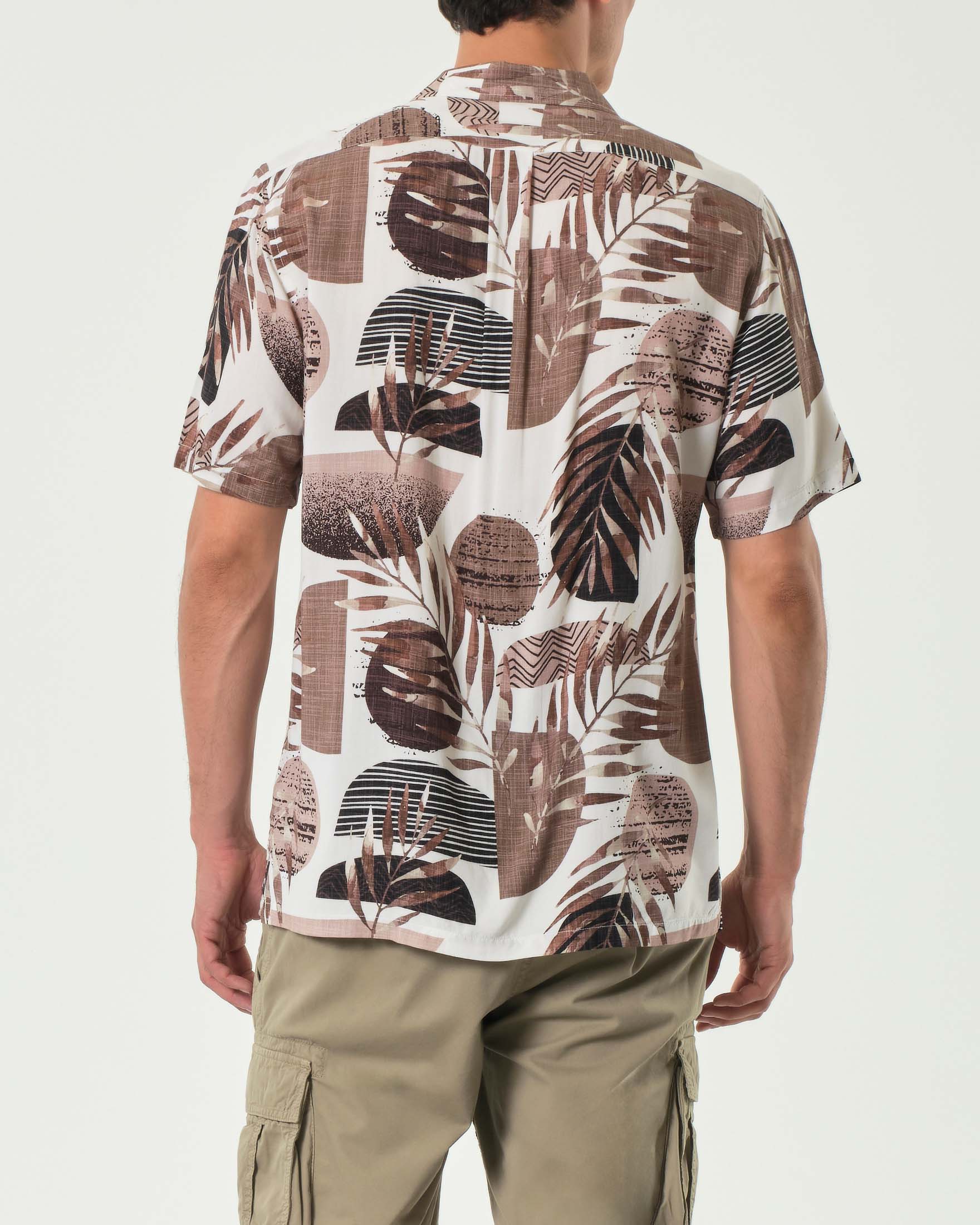 Camicia mezza manica Alley Docks panna in viscosa con fantasia felci marrone