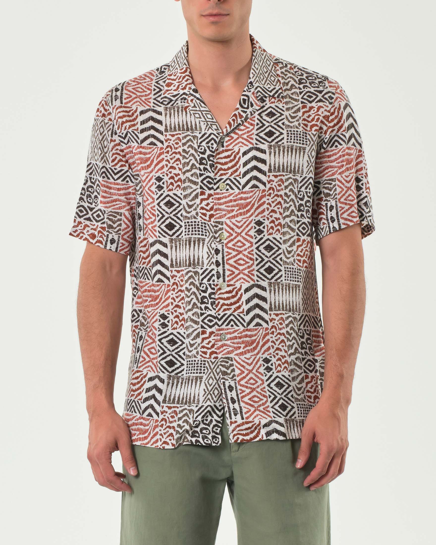 Camicia mezza manica in fantasia etnica panna e coccio di pura viscosa
