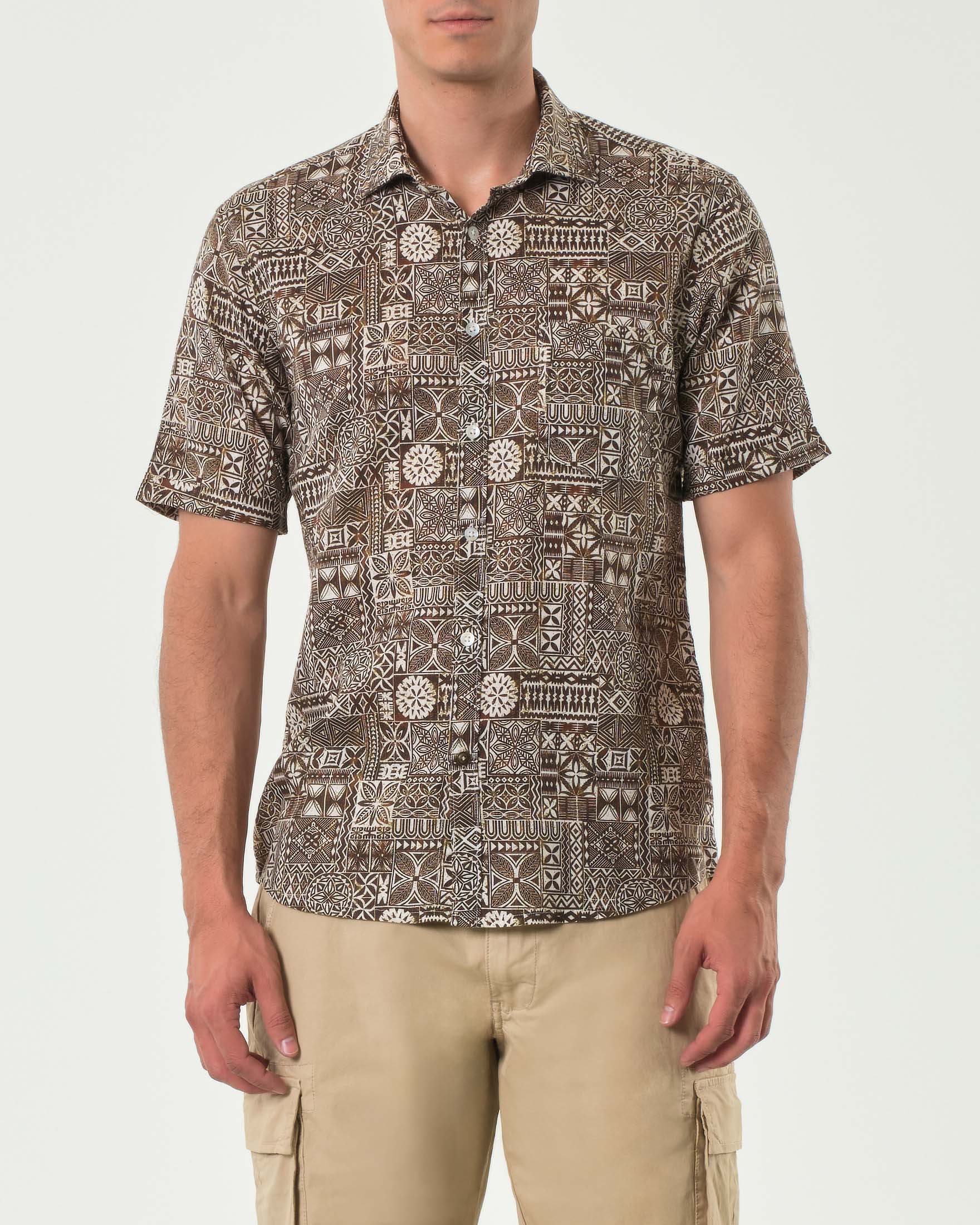 Camicia mezza manica in fantasia etnica marrone di misto lino e cotone