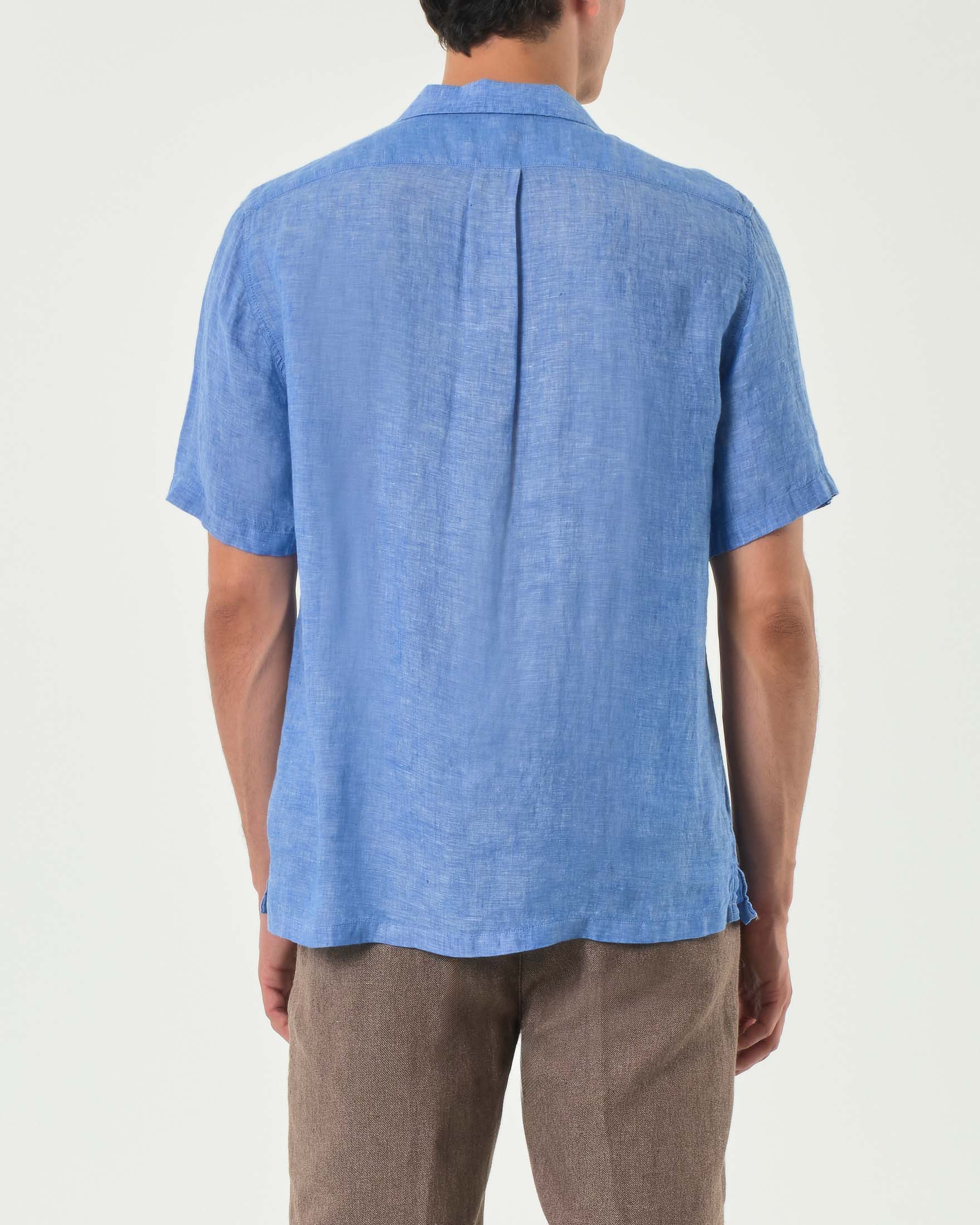 Camicia mezza manica Alley Docks celeste in puro lino con colletto bowling