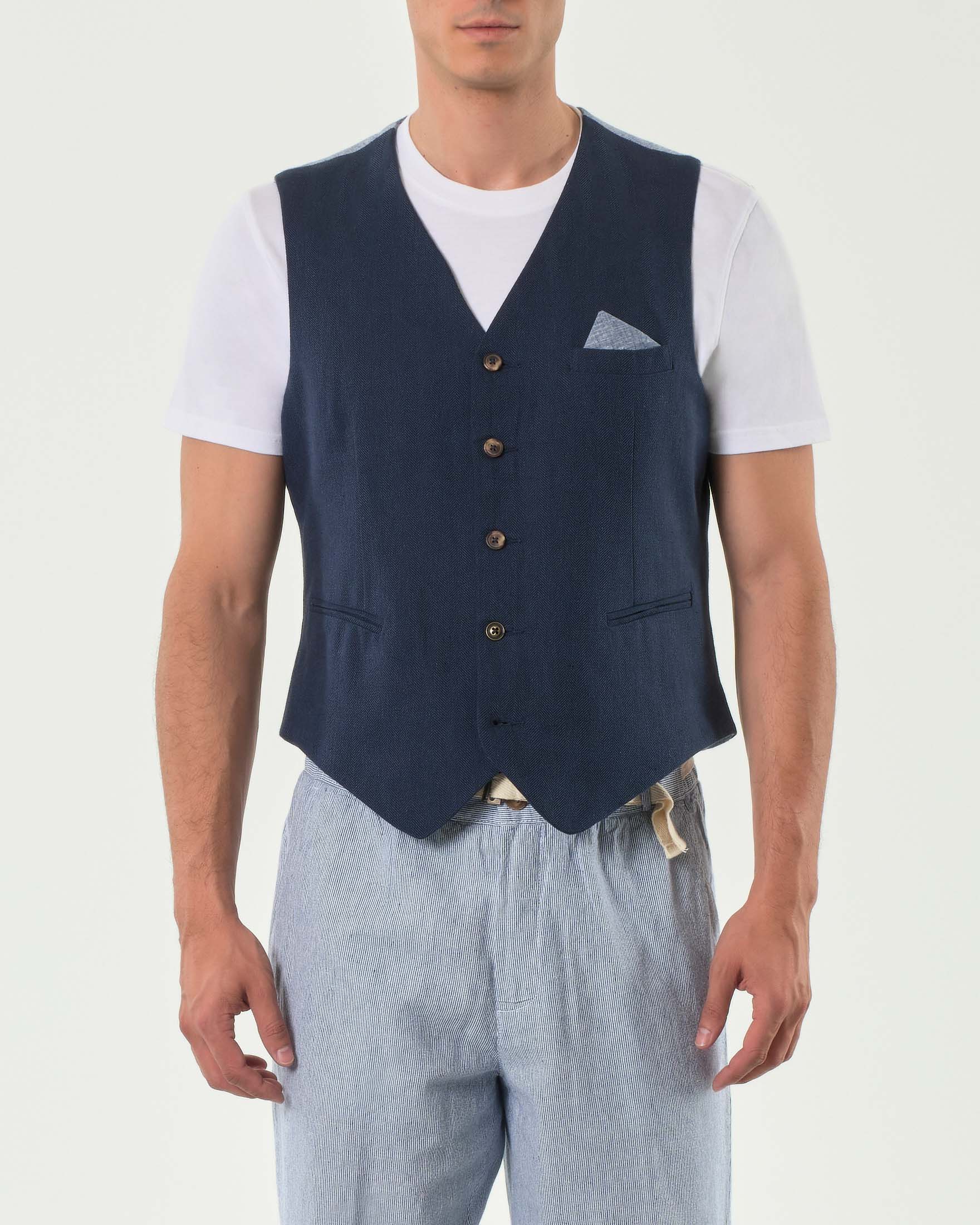 Gilet blu in fantasia spinata di misto lino e cotone