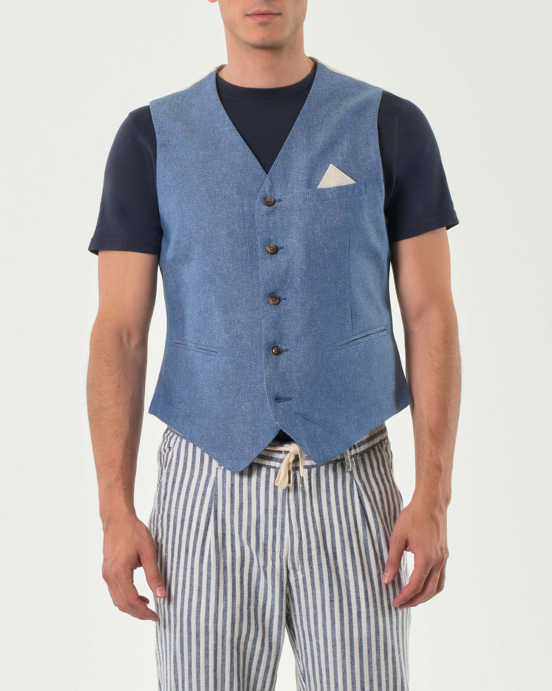 Gilet celeste in tessuto diagonale di misto lino e cotone