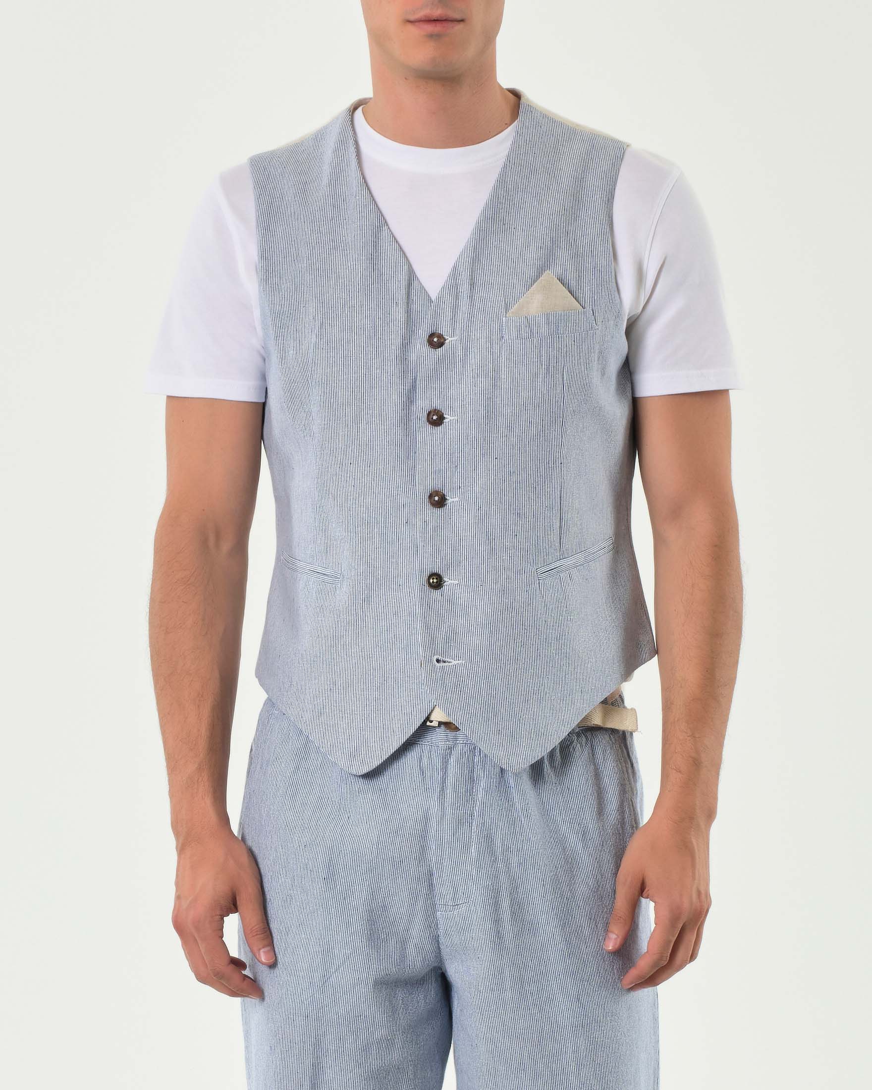 Gilet bastoncino panna e azzurro in misto lino e cotone