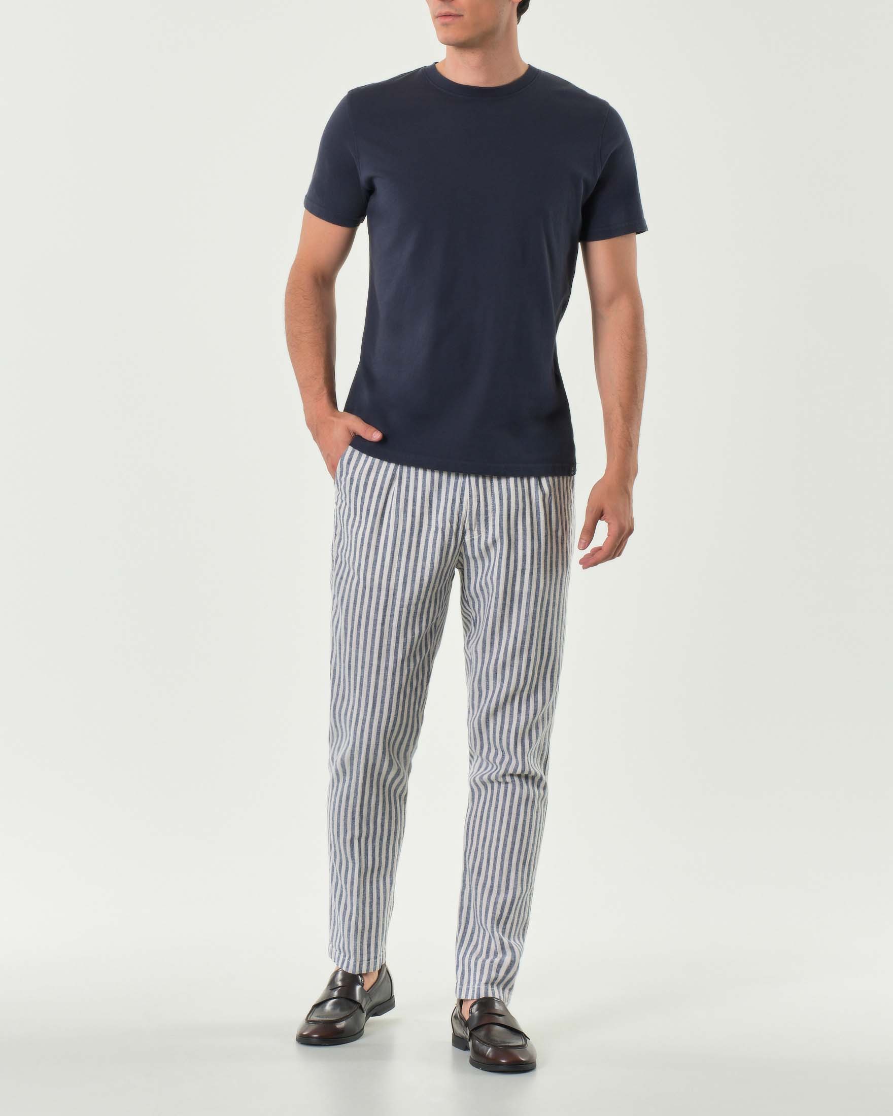 Pantalaccio in fantasia bastoncino panna e blu di misto lino e cotone