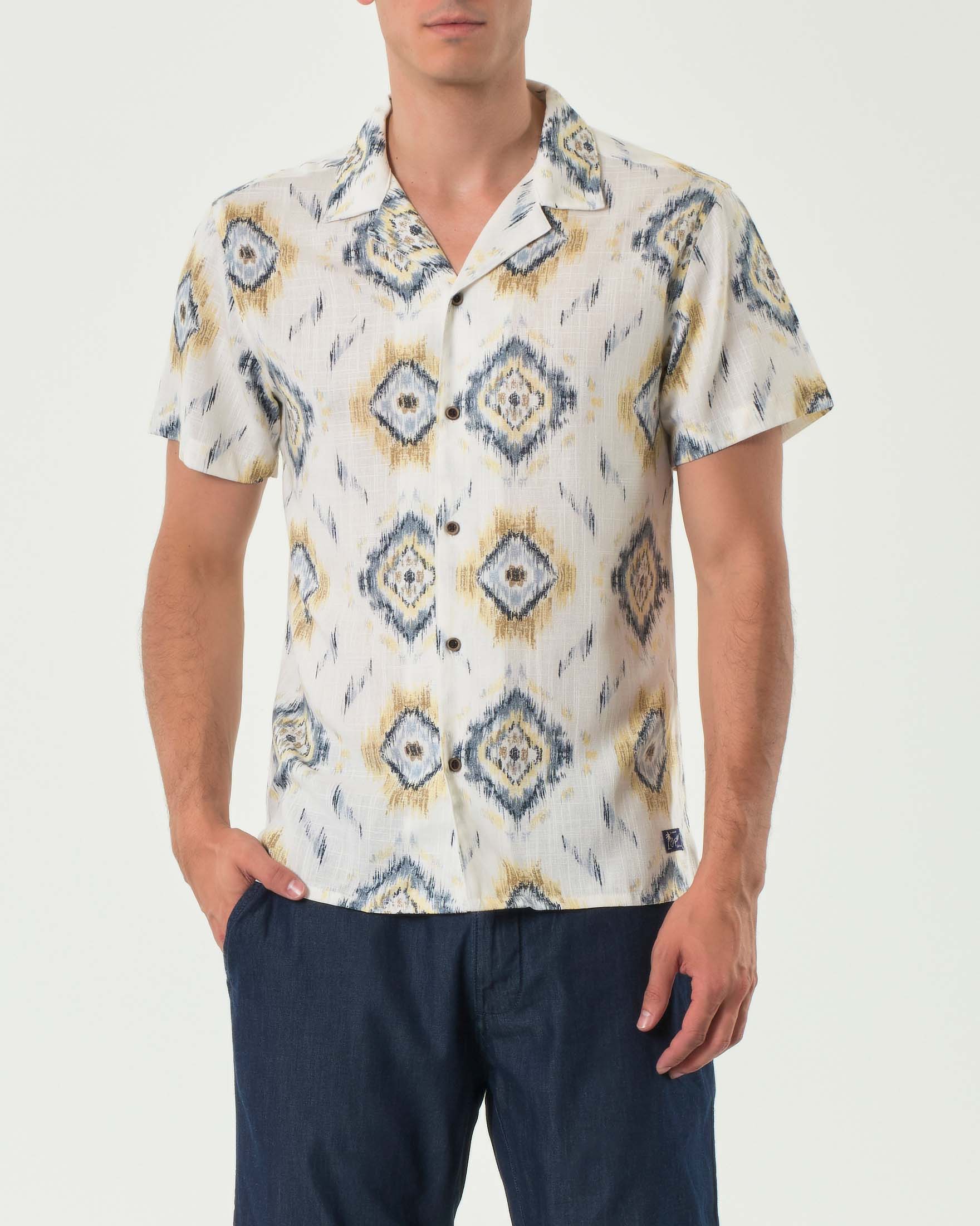 Camicia mezza manica panna con fantasia etnica in misto viscosa e lino