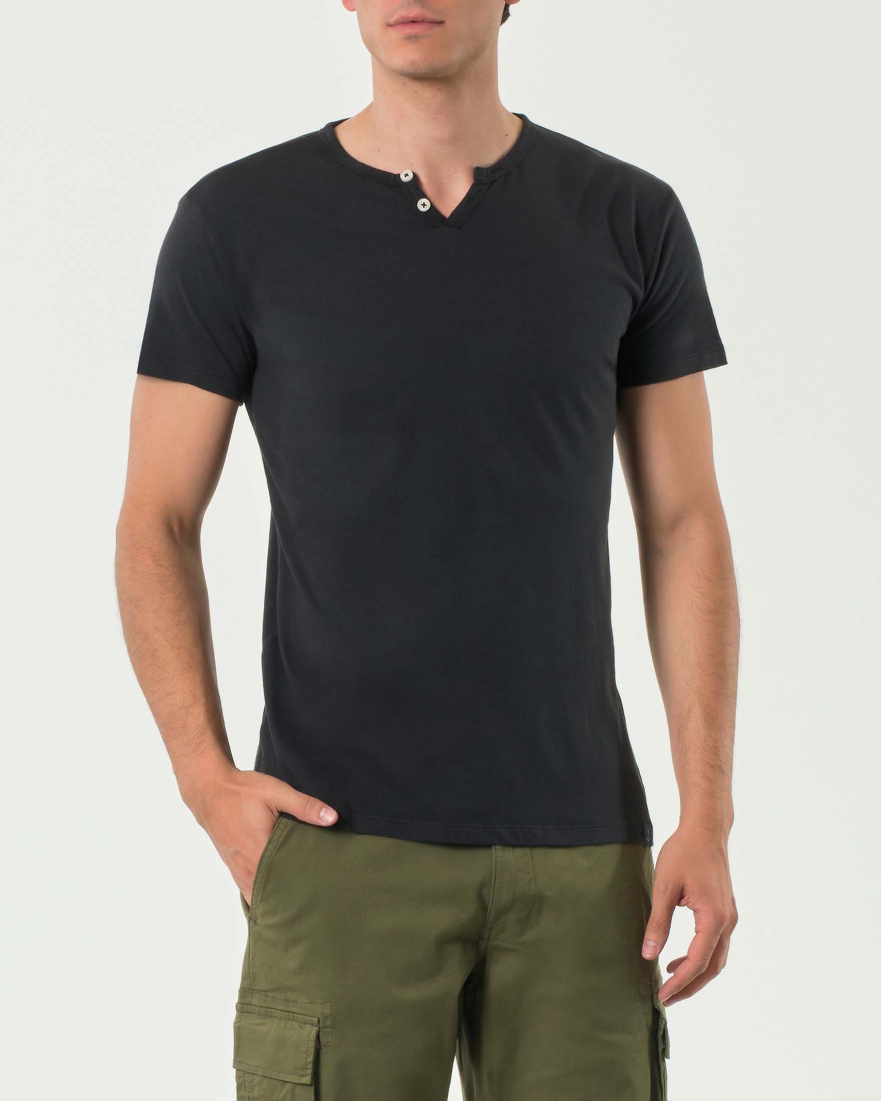 T-shirt serafino mezza manica nera in puro cotone