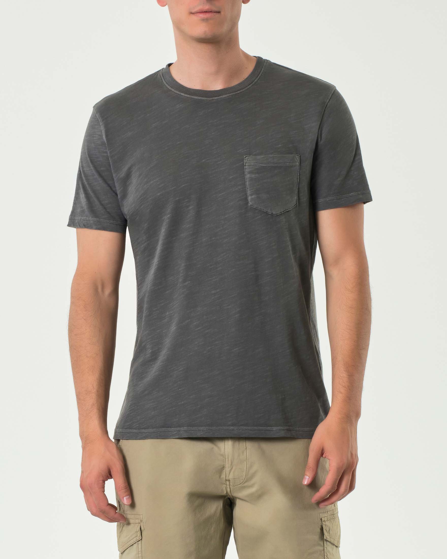 T-shirt mezza manica antracite in cotone fiammato con taschino