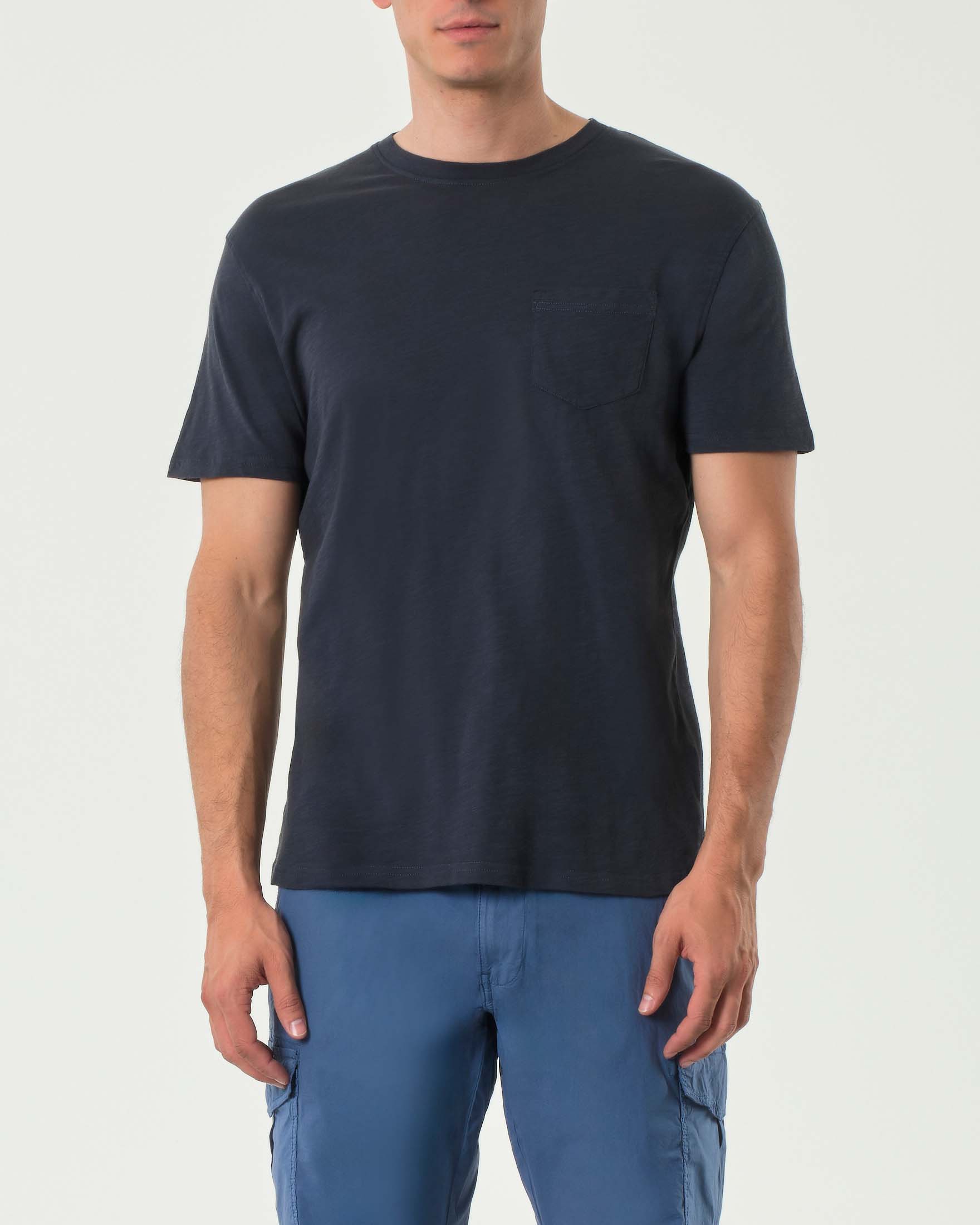 T-shirt mezza manica blu in cotone fiammato con taschino