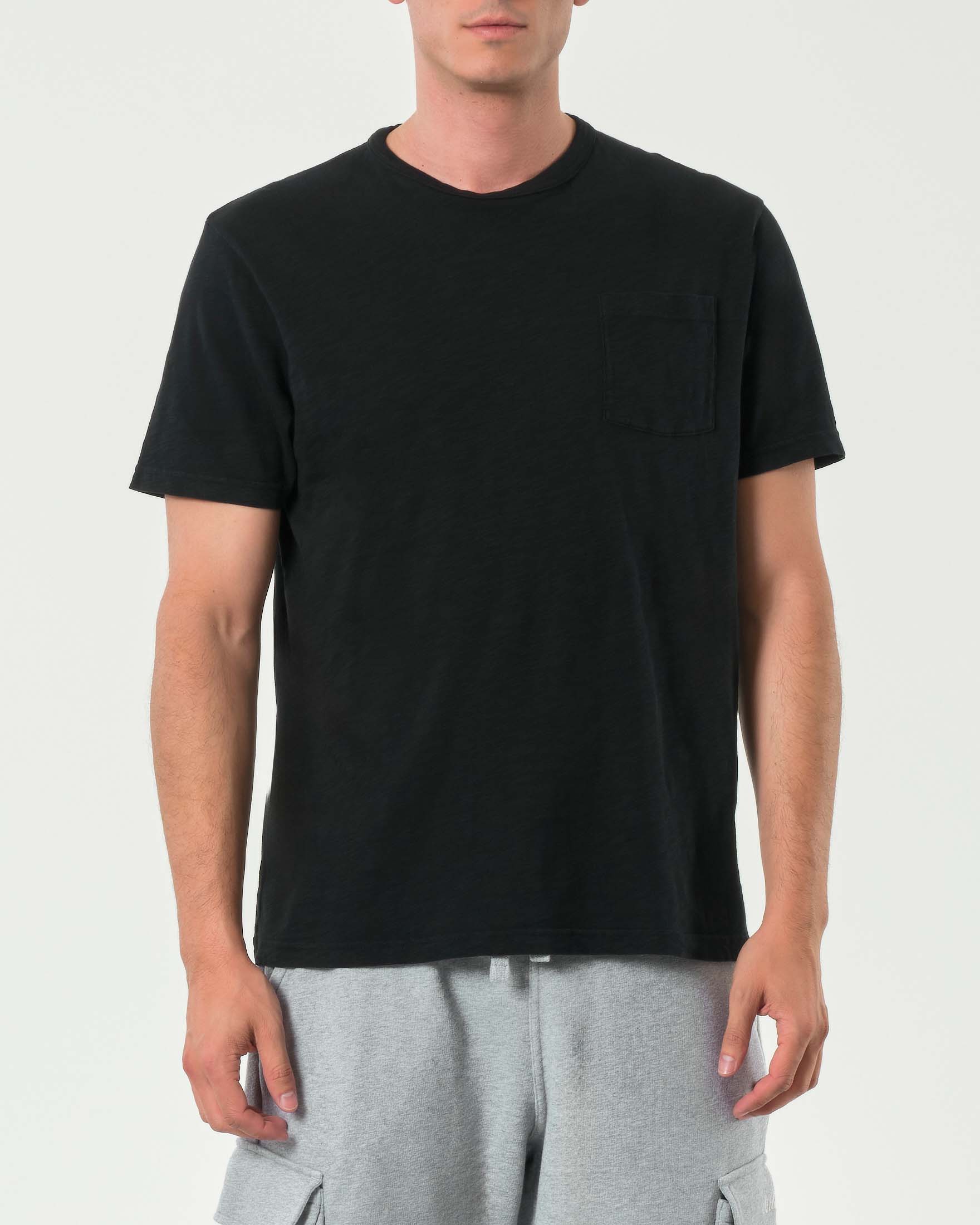 T-shirt mezza manica MC2 Saint Barth nera in puro cotone fiammato con taschino sul petto