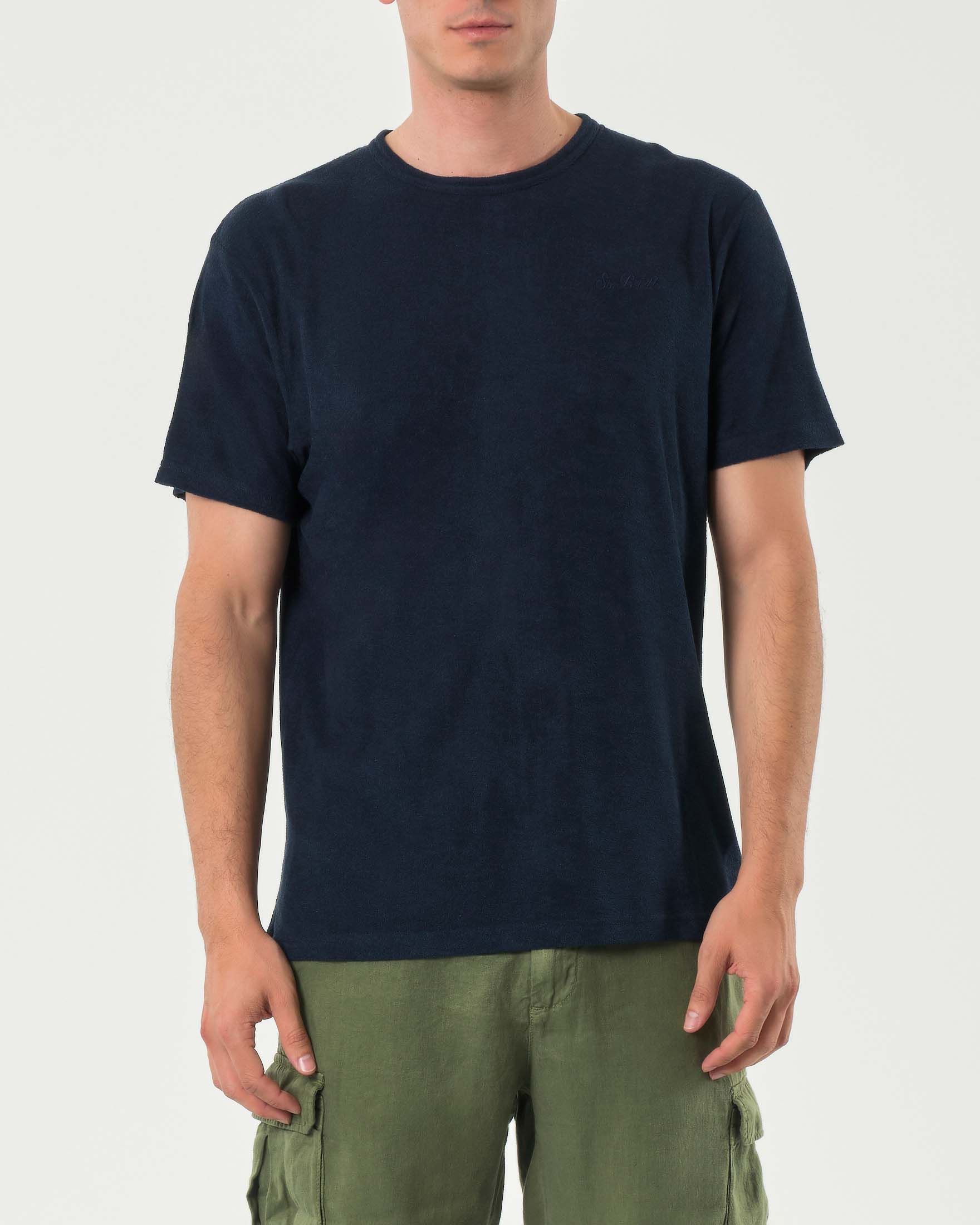T-shirt mezza manica blu in spugna di misto cotone con ricamo logo sul petto