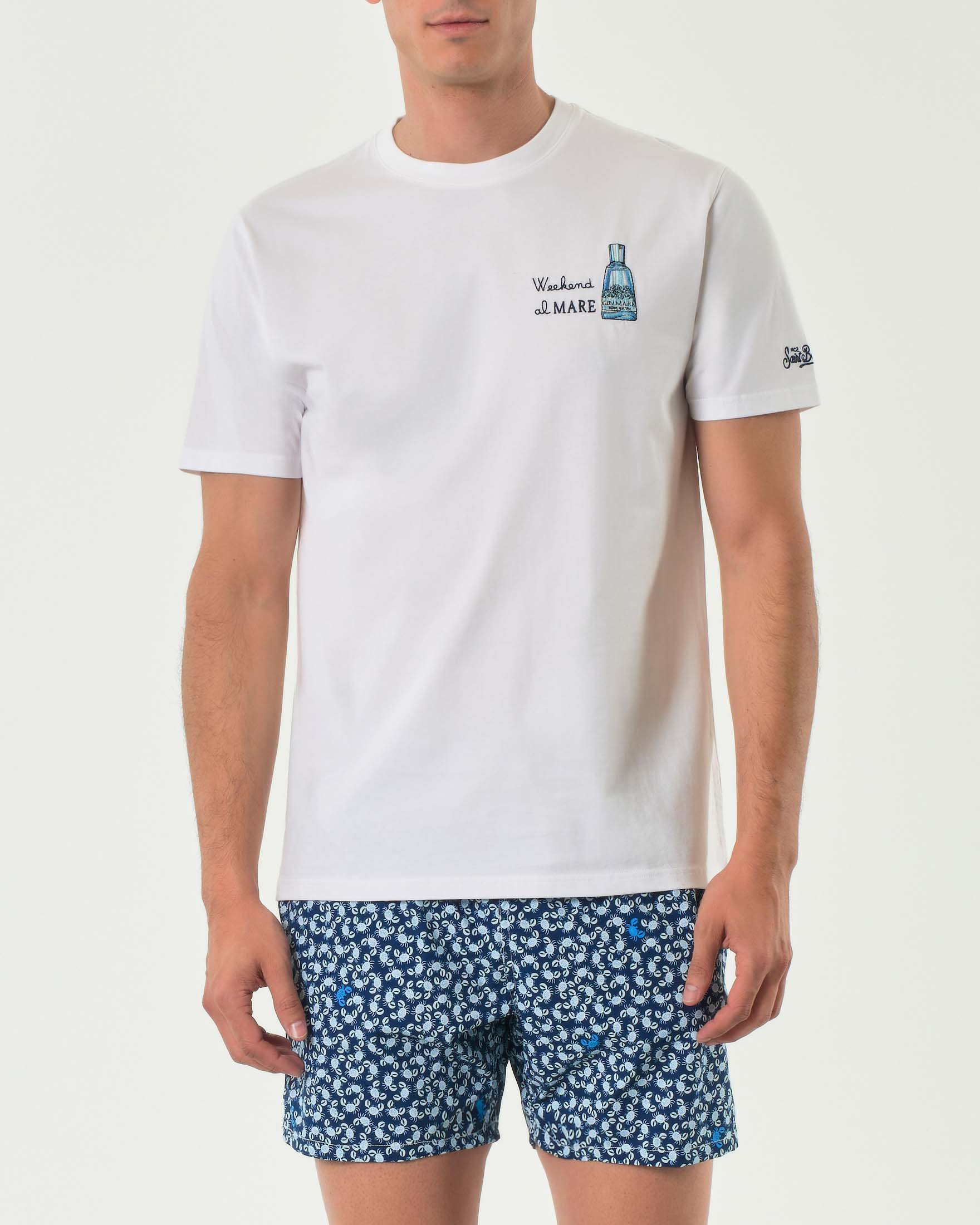 T-shirt MC2 Saint Barth bianca con ricamo Gin e scritta Weekend al Mare sul petto