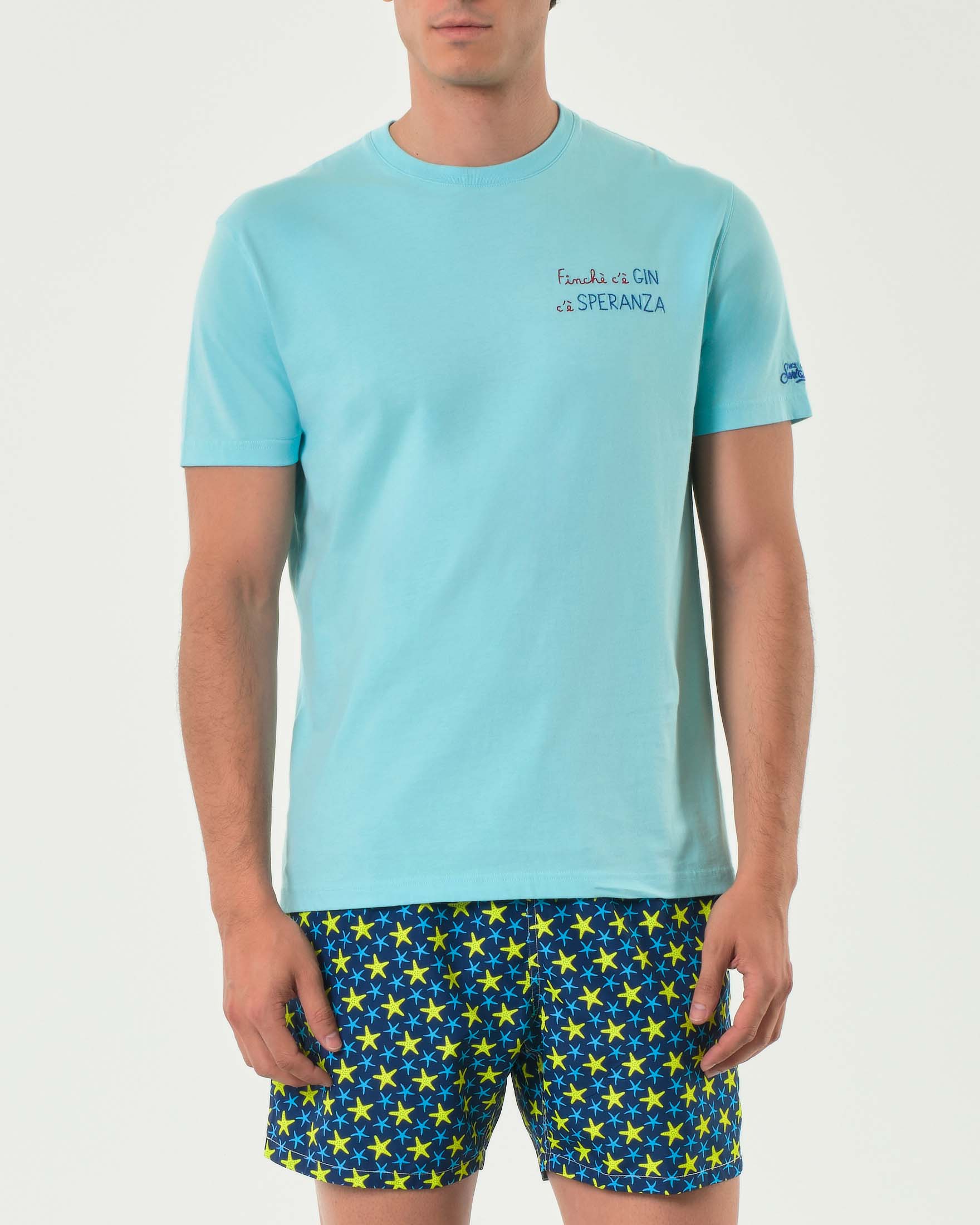 T-shirt MC2 Saint Barth color acqua con ricamo Finchè c'è Gin c'è Speranza sul petto