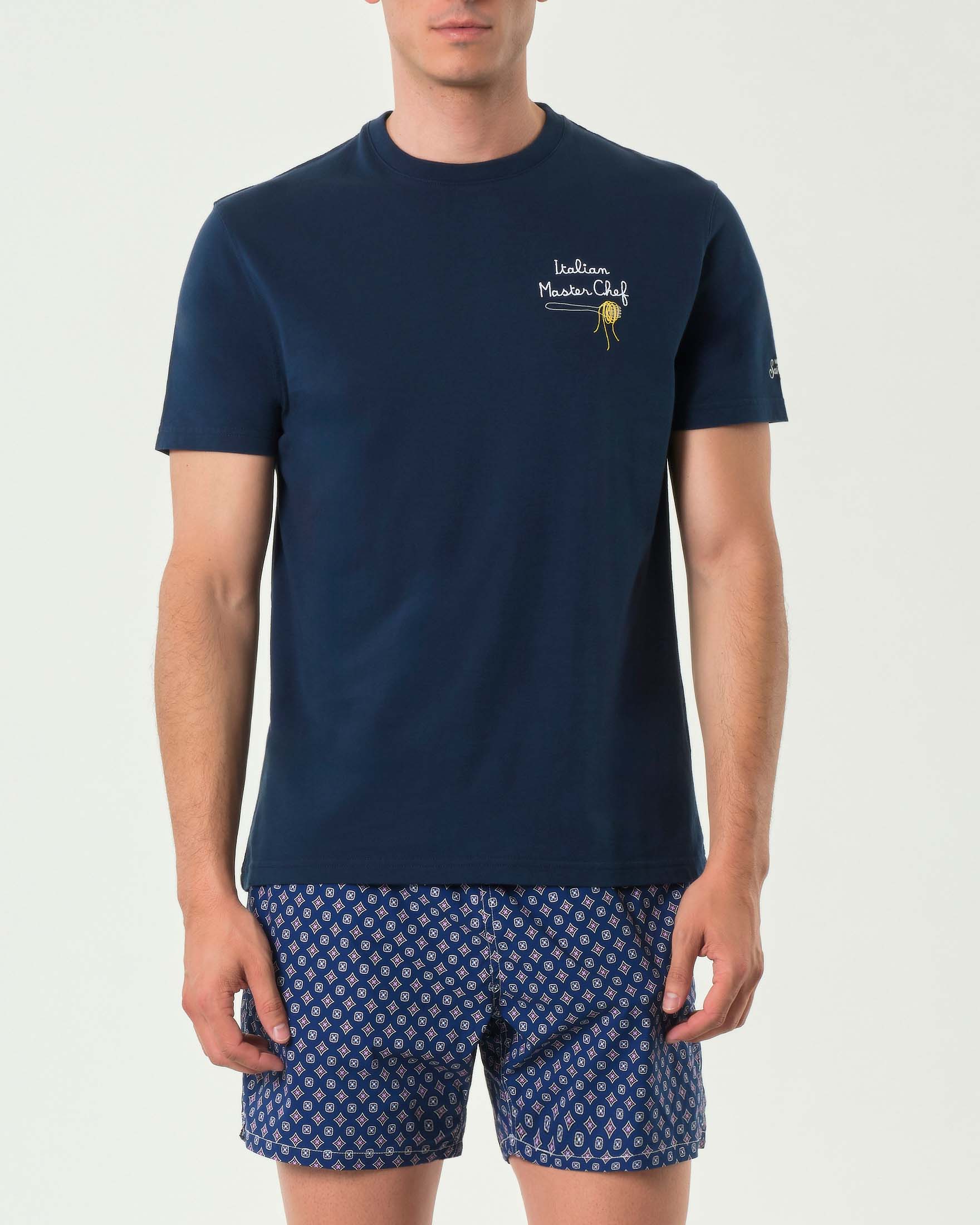 T-shirt blu con ricamo Italian, Master Chef sul petto