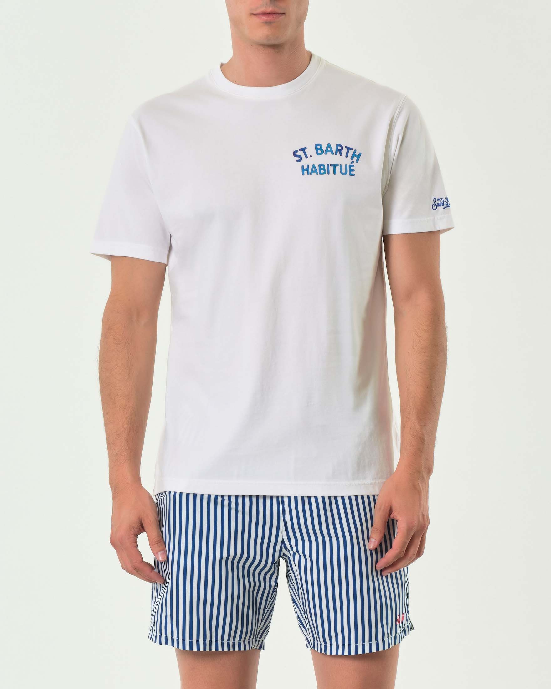 T-shirt MC2 Saint Barth bianca con stampa St. Barth Habitué piccola sul petto e maxi sul retro