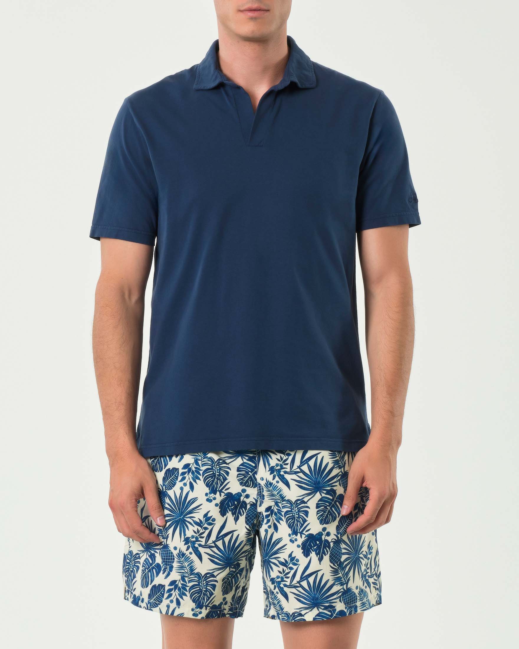 Polo MC2 Saint Barth blu in jersey di puro cotone con colletto bowling