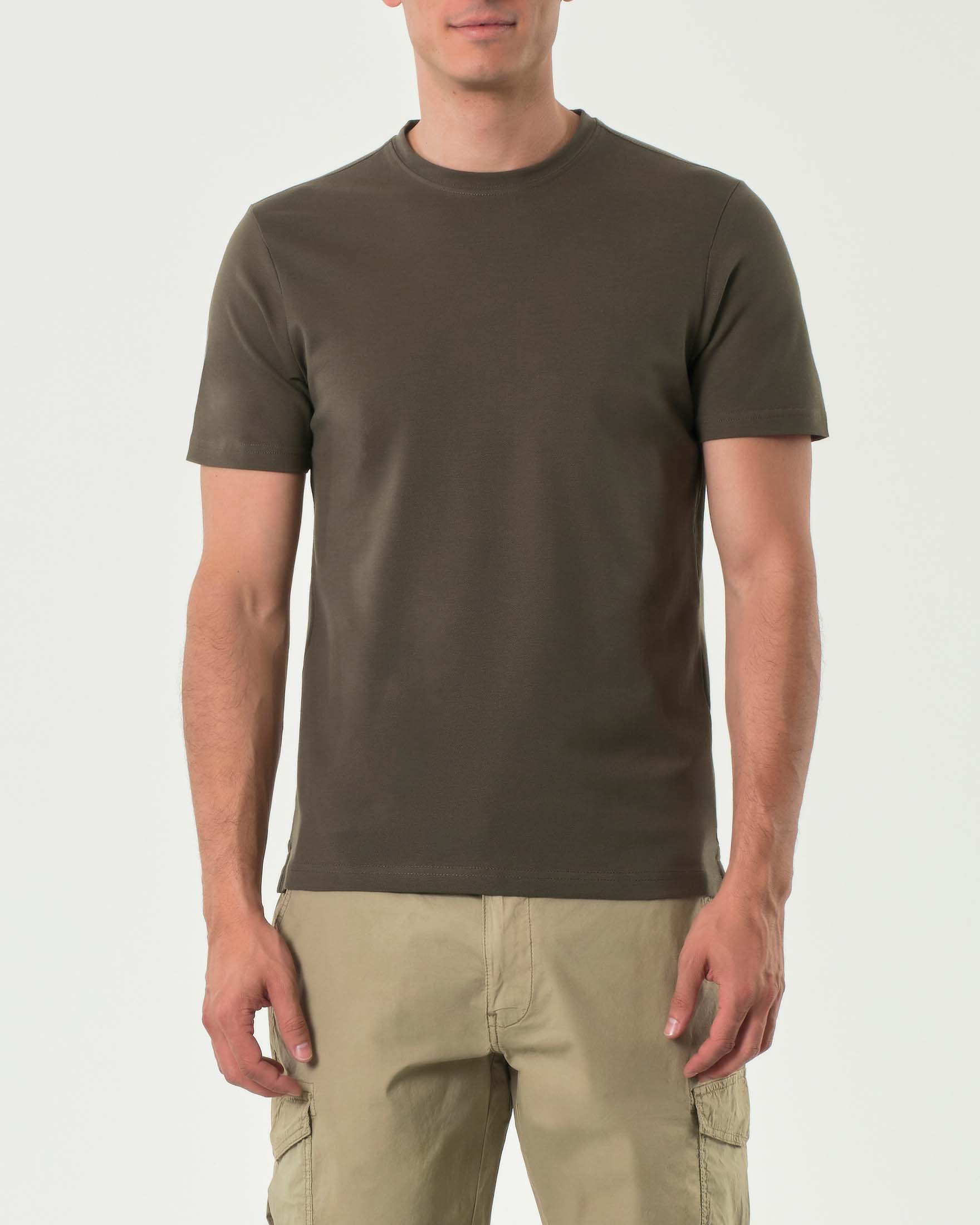 T-shirt mezza manica verde militare in micro piquet di cotone stretch