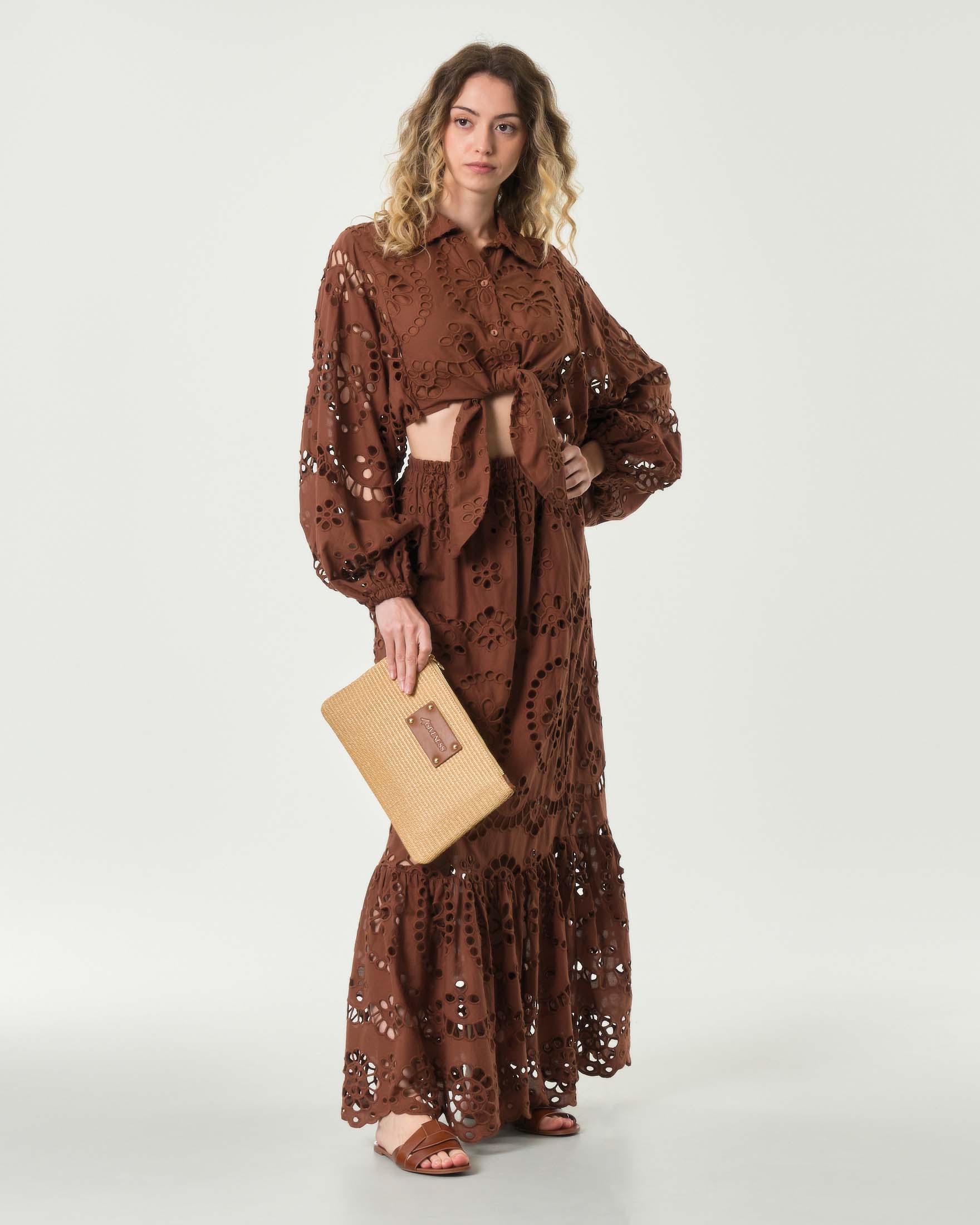 Gonna lunga marrone MC2 Saint Barth in Sangallo di cotone a balze con elastico in vita