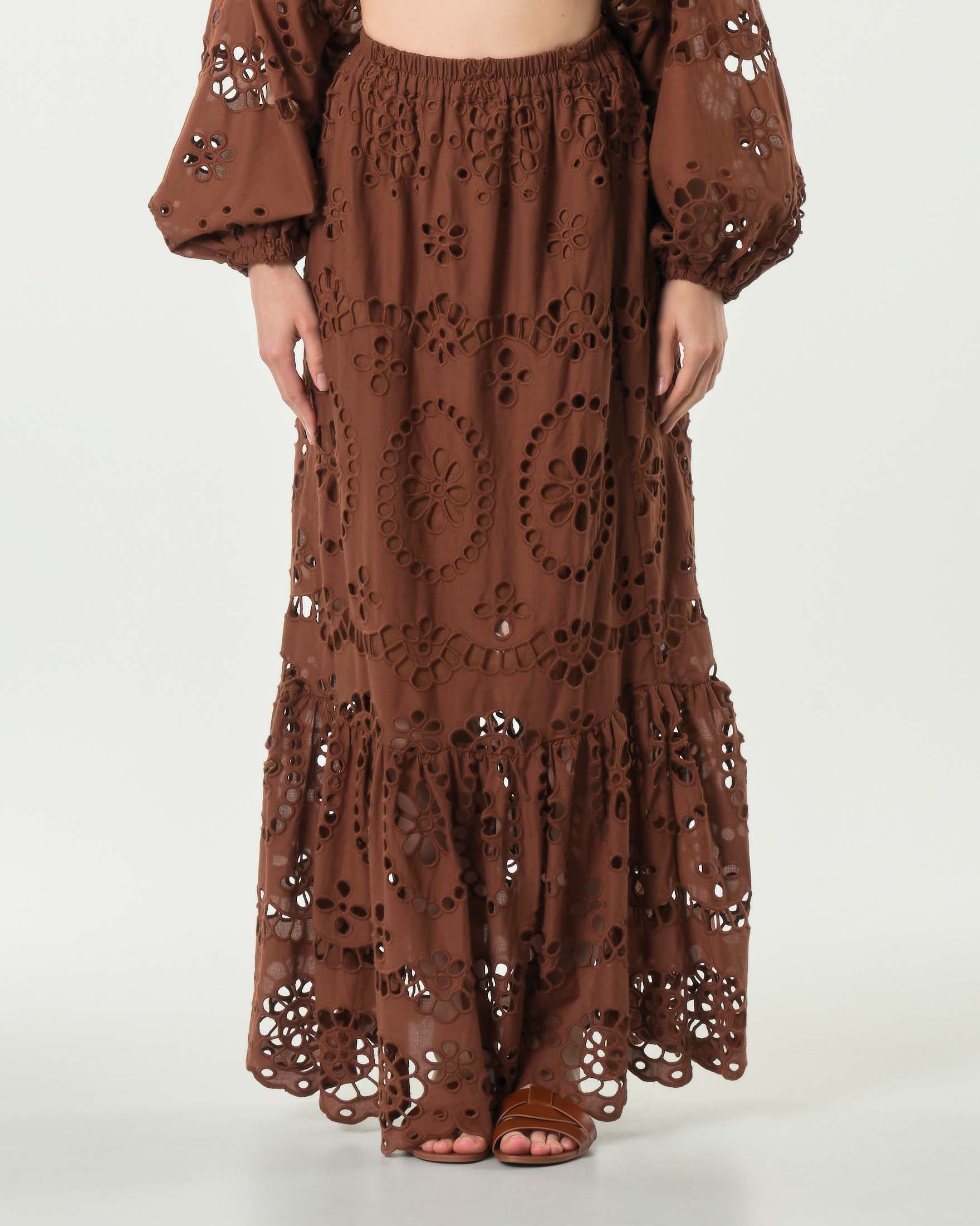 Gonna lunga marrone MC2 Saint Barth in Sangallo di cotone a balze con elastico in vita image