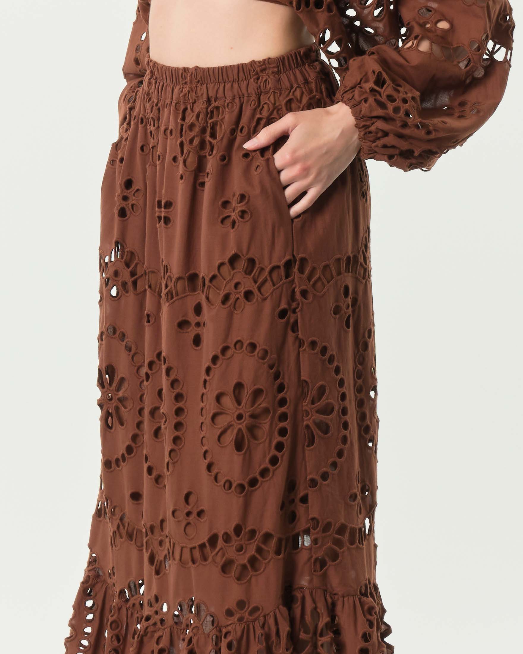 Gonna lunga marrone MC2 Saint Barth in Sangallo di cotone a balze