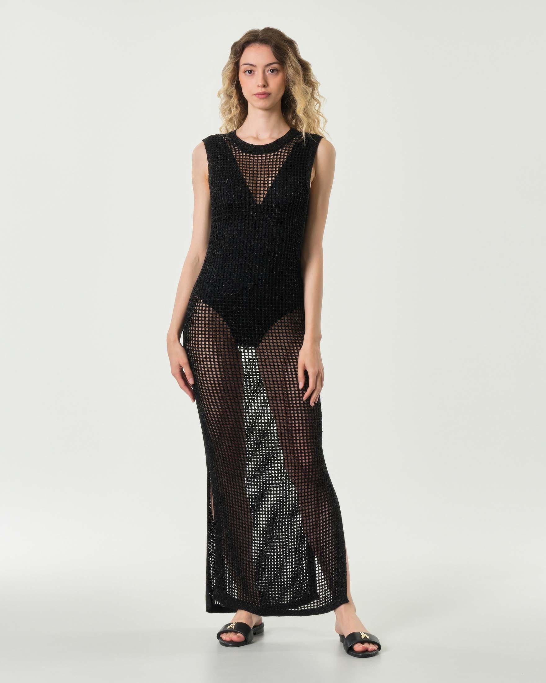 Abito nero lungo MC2 Saint Barth in rete di lurex di viscosa con spacchi laterali