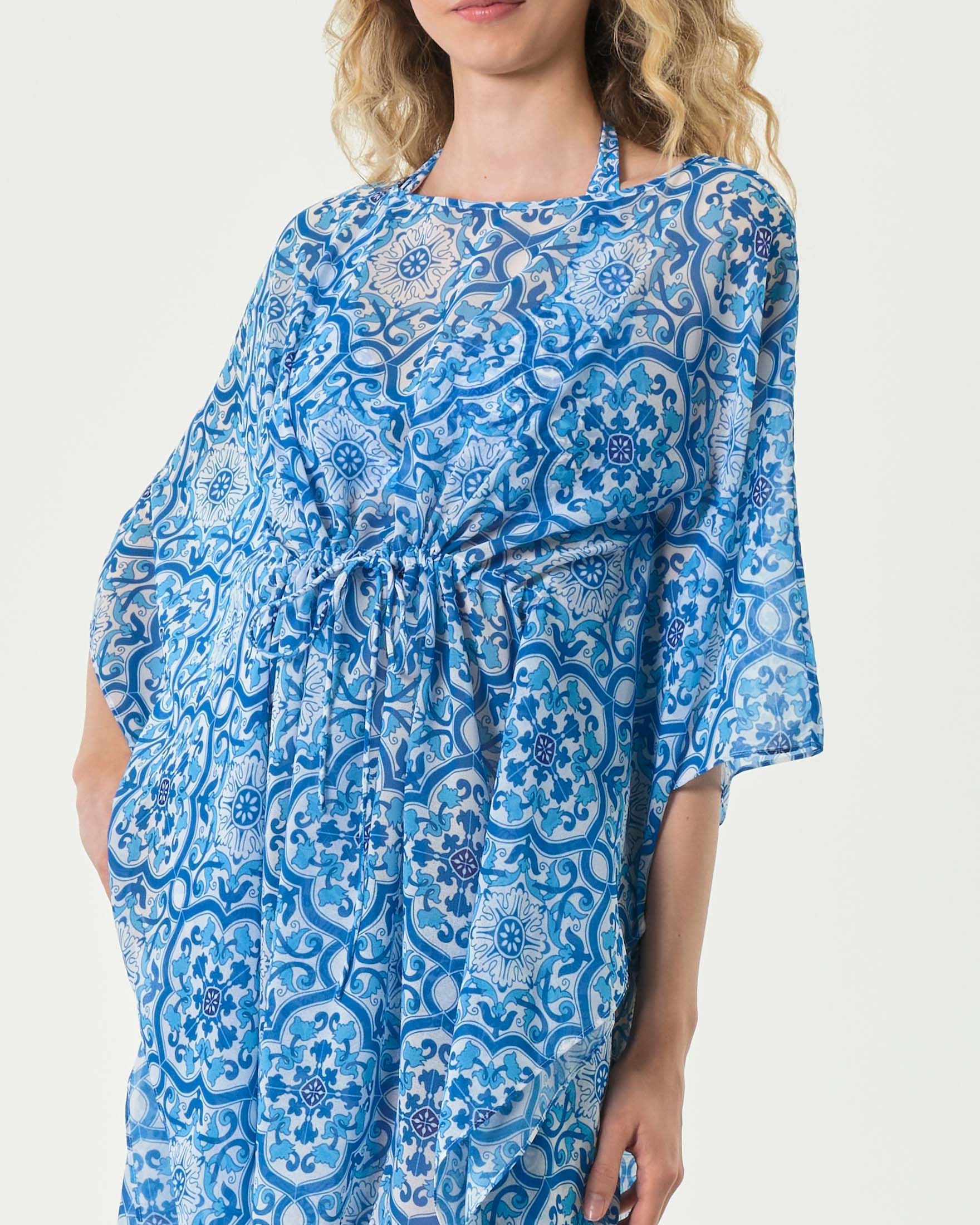 Caftano MC2 Saint Barth azzurro a fantasia maiolica con coulisse in vita image