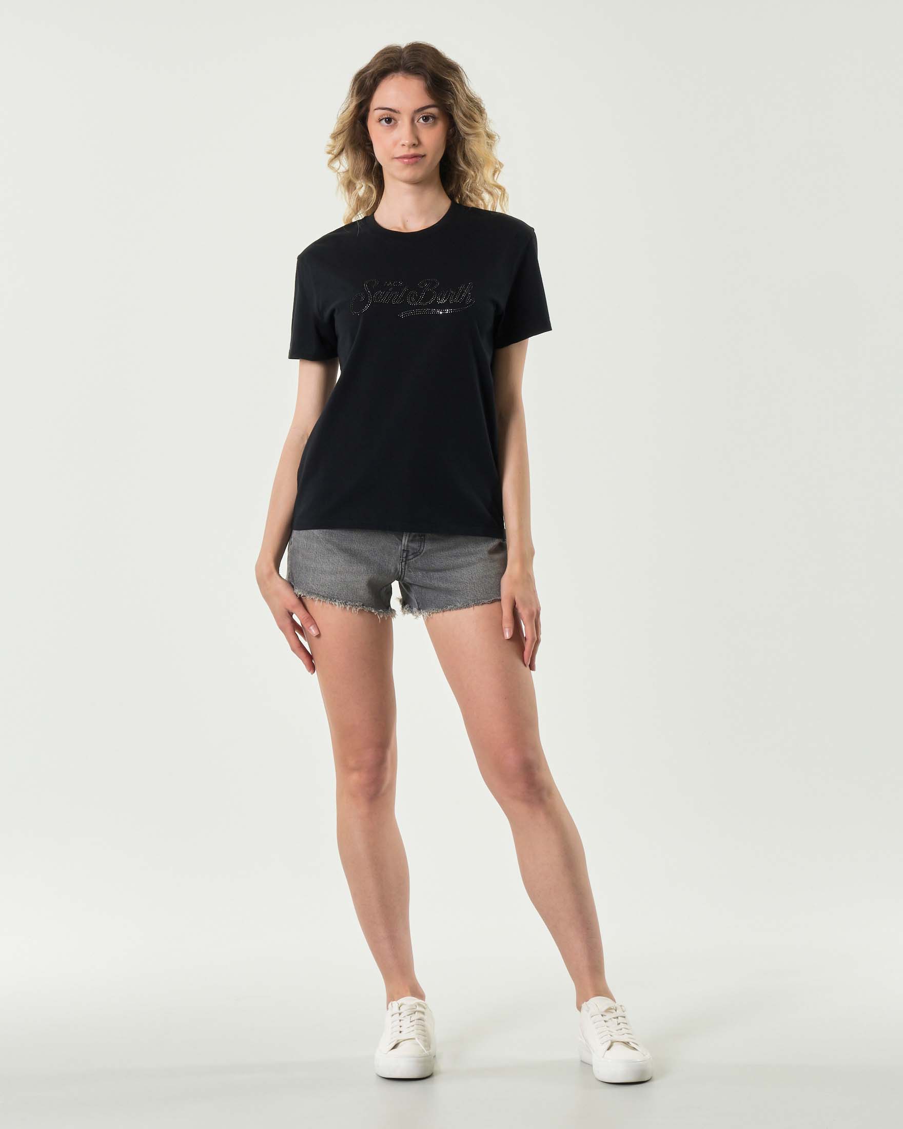 T-shirt nera in cotone con scritta logo in strass tono su tono