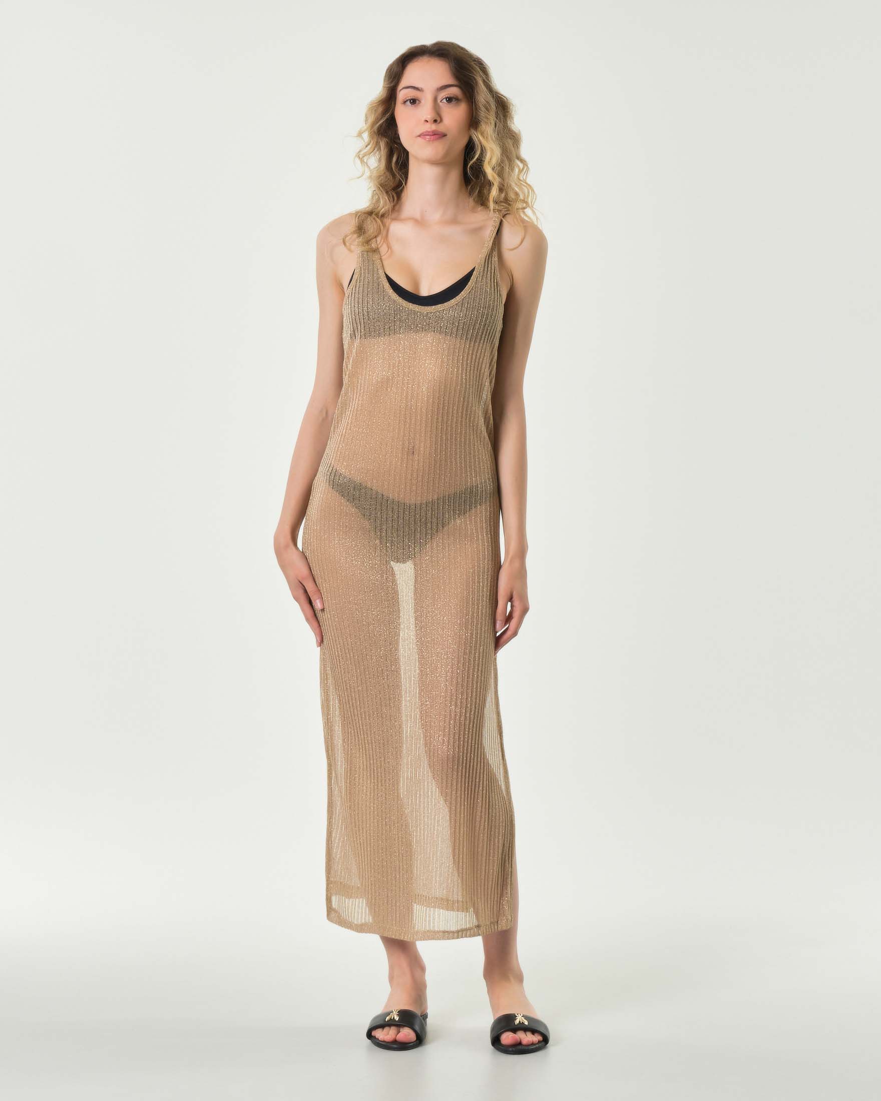 Copricostume lungo color oro 4 Giveness in lurex di viscosa a costine semitrasparente