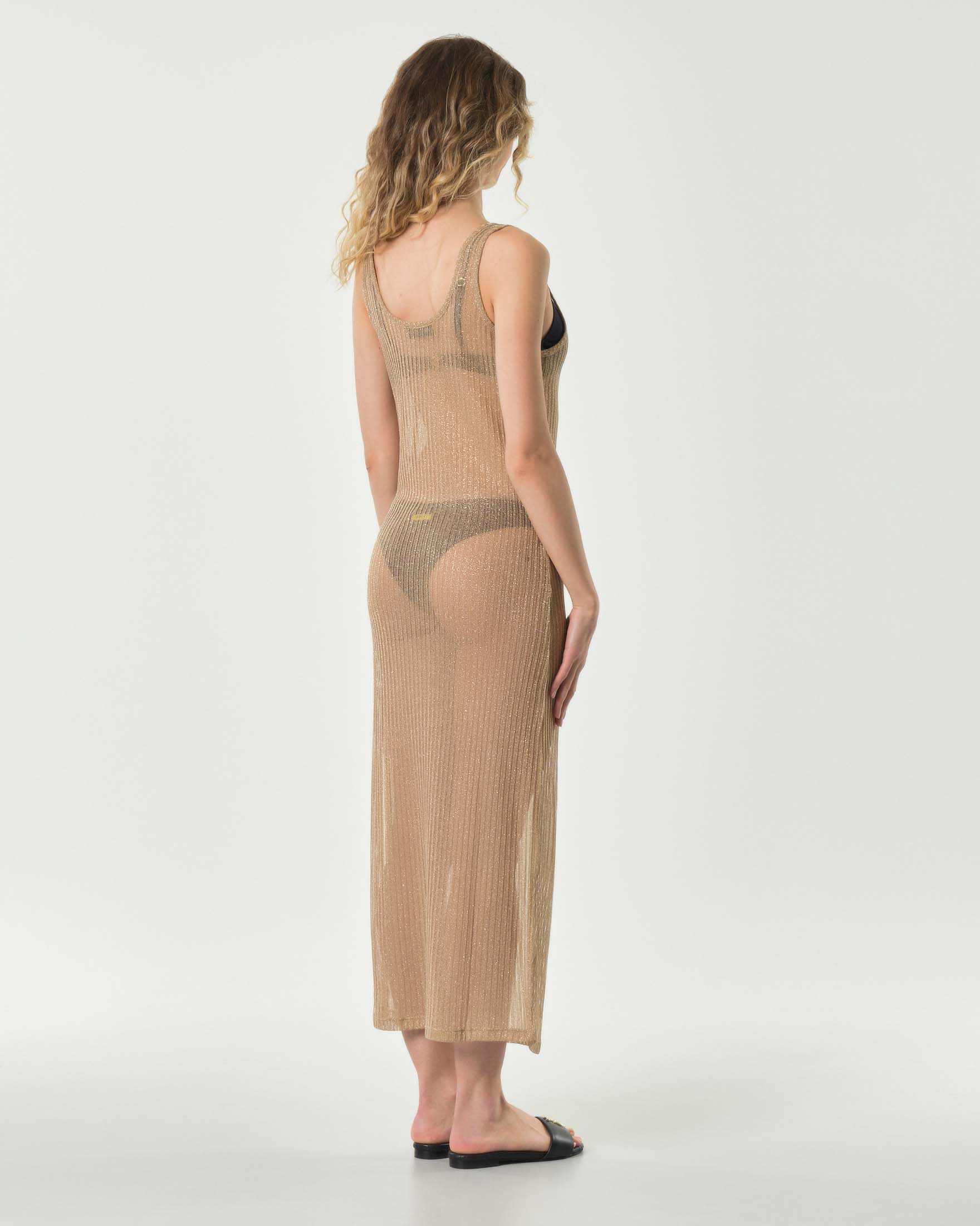 Copricostume lungo color oro 4 Giveness in lurex di viscosa a costine semitrasparente