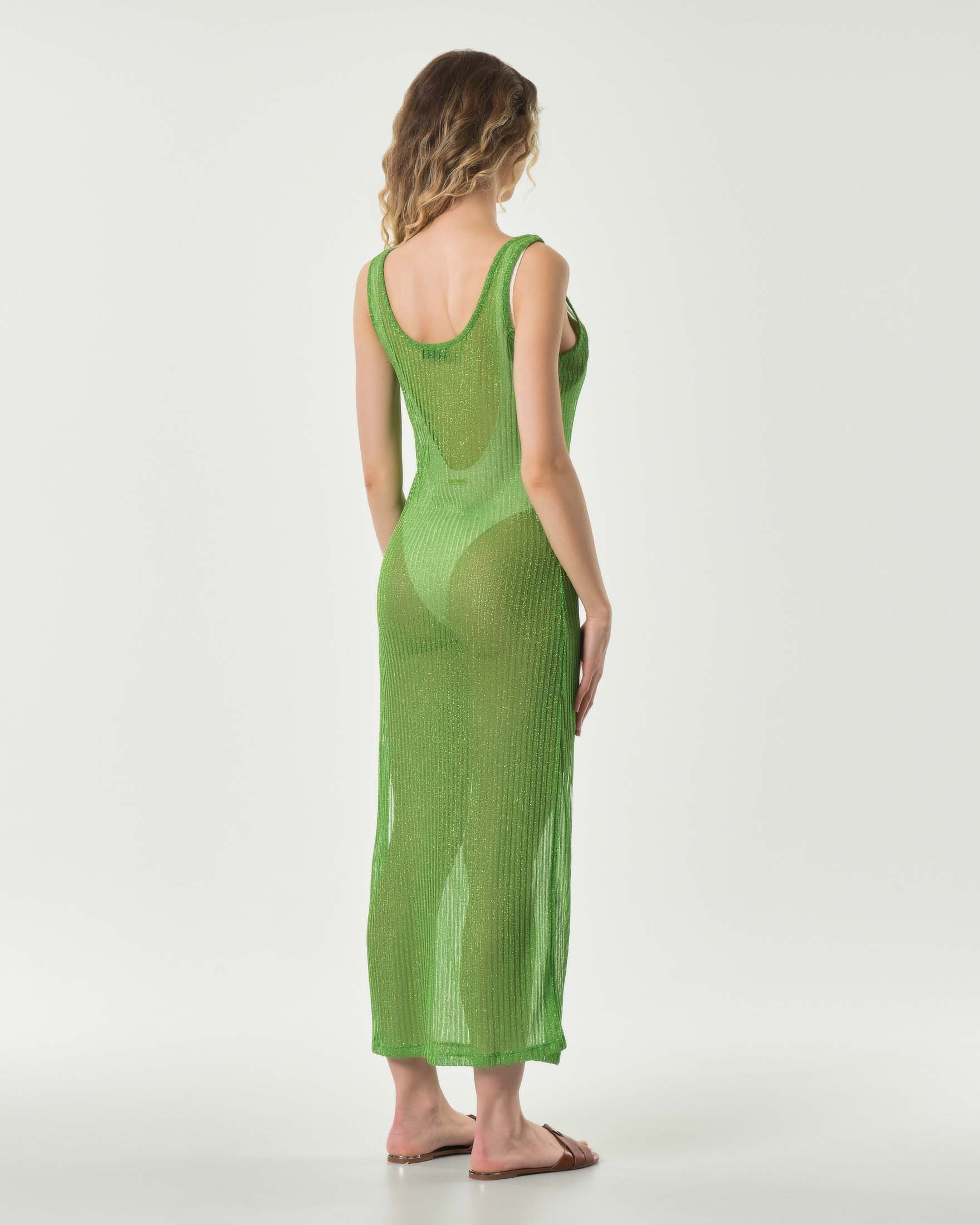 Copricostume lungo verde brillante 4 Giveness in lurex di viscosa a costine semitrasparente