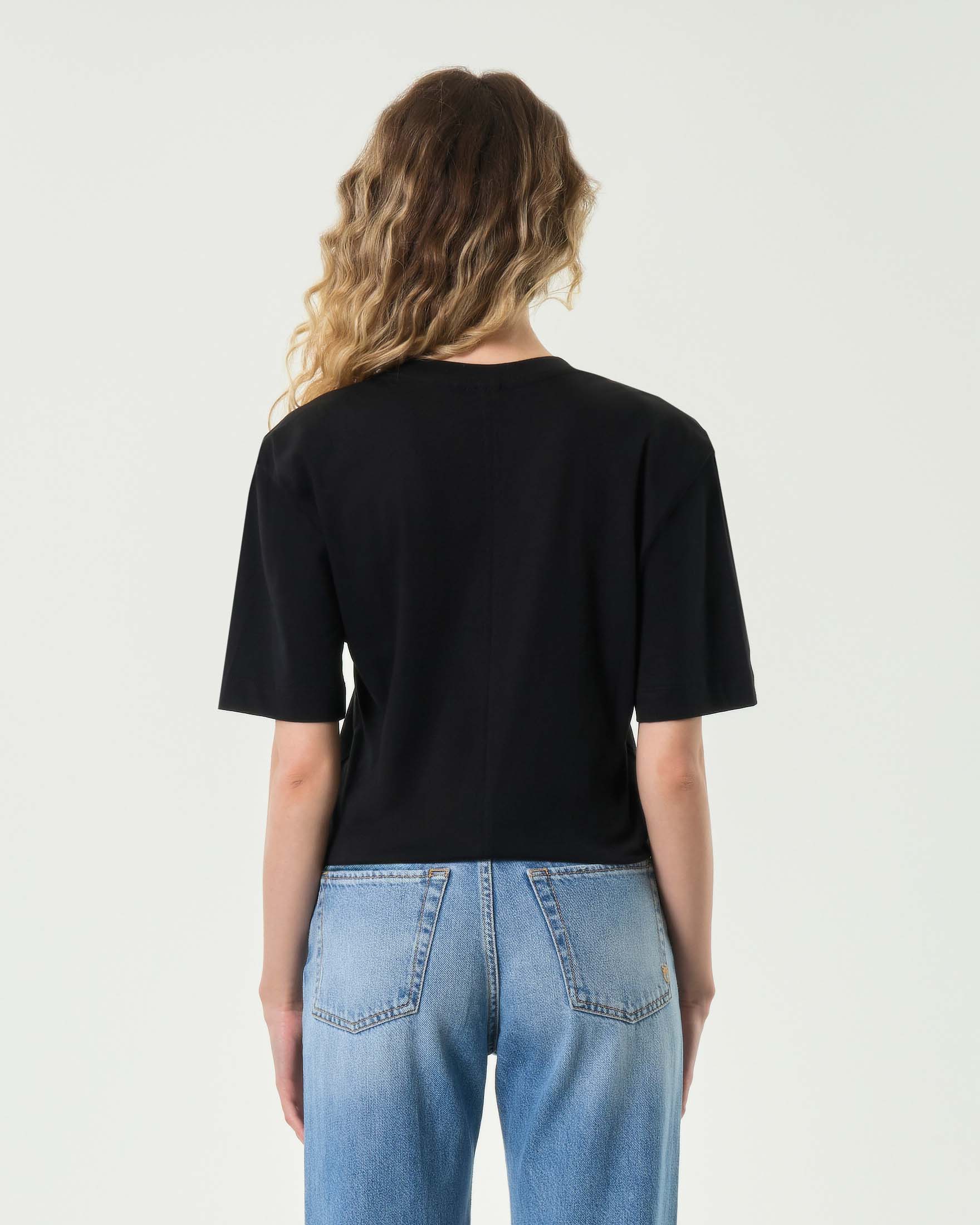 T-shirt nera in cotone Pinko con nodo al fondo e spalline imbottite