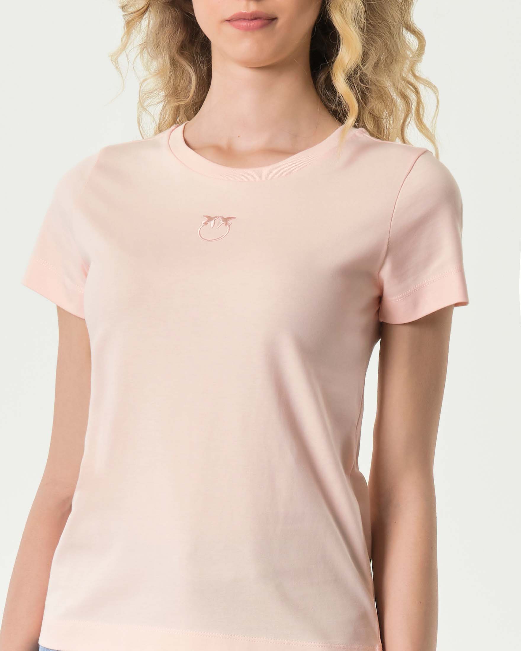 T-shirt rosa pesca in cotone Pinko con logo ricamato tono su tono sul petto