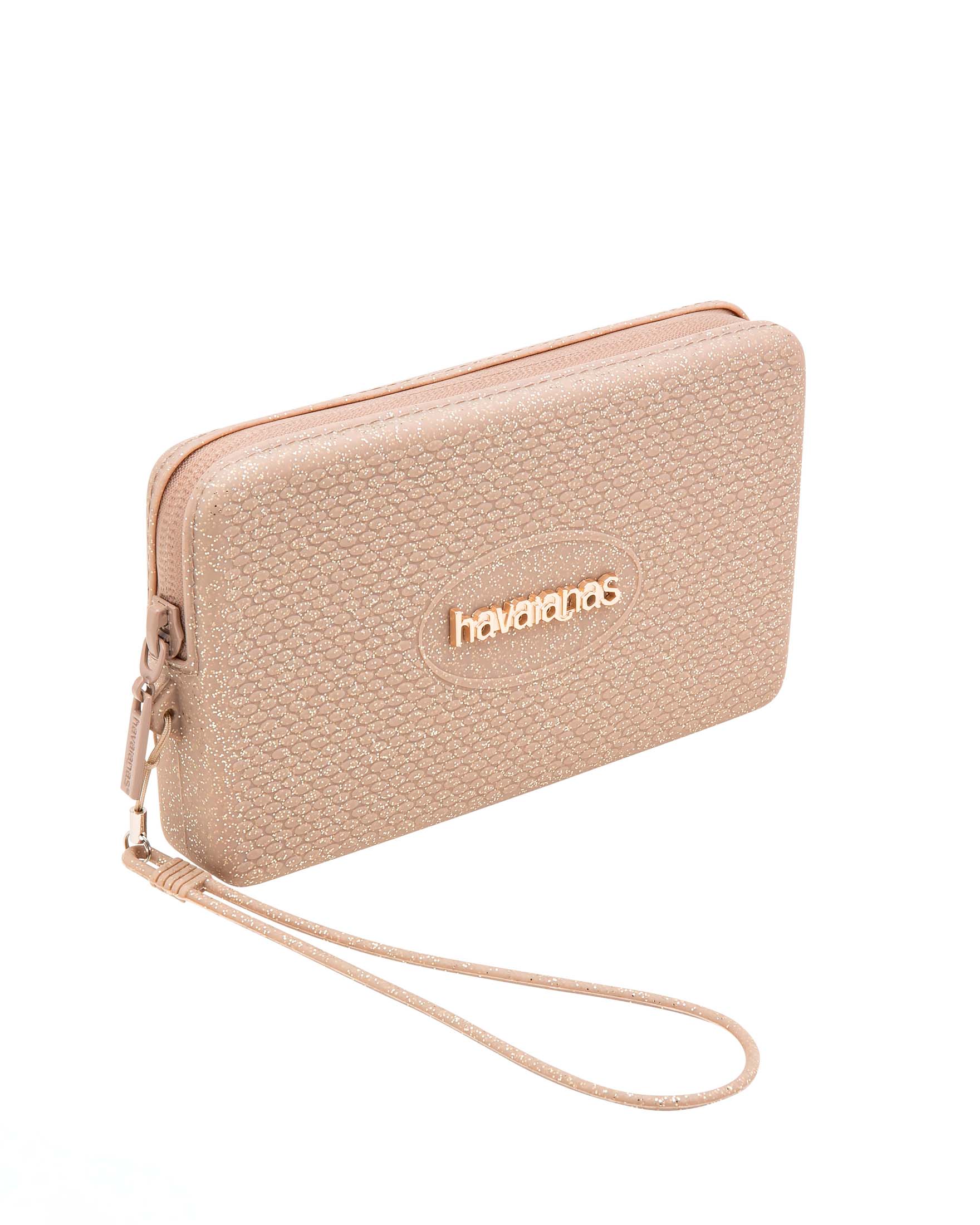 Mini Bag Plus color oro effetto metallizzato con glitter a lavorazione grana di riso e maxi logo in metallo