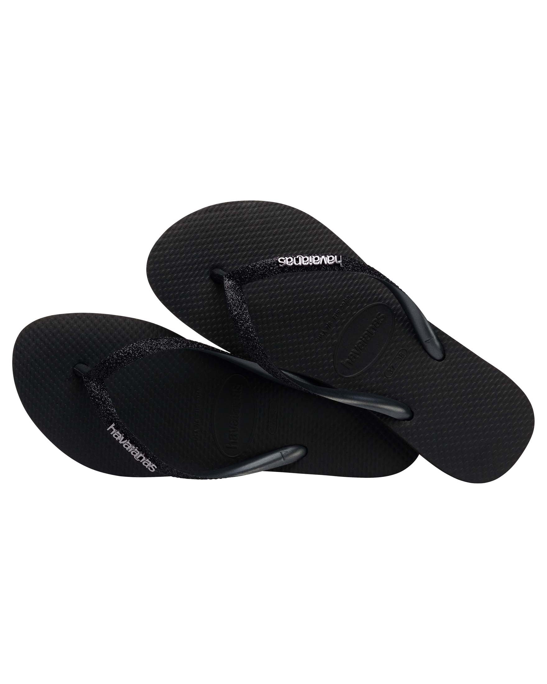 Havaianas Slim Glitter II neri con glitter sulle fascette e scritta logo a rilievo in metallo